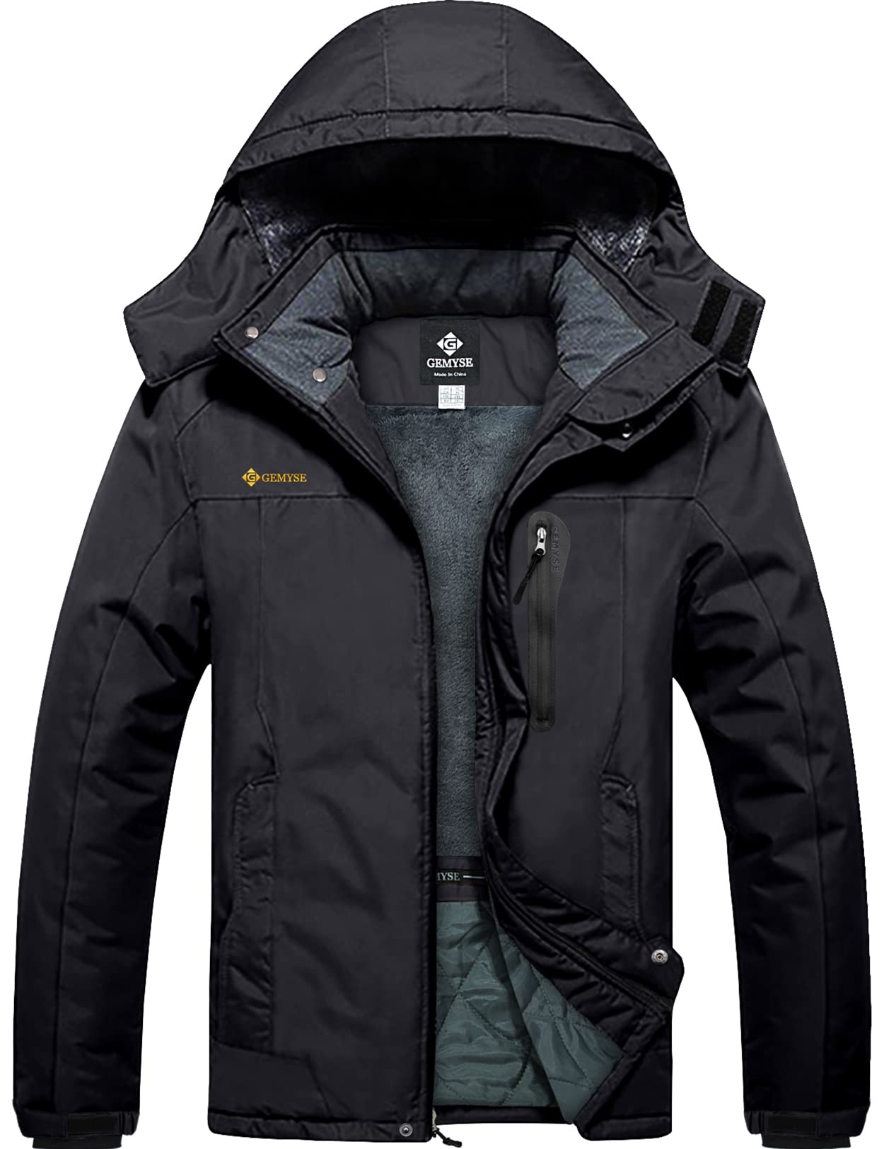 GEMYSE Men's Waterproof Mountain Ski Jacket Fleece Jackets Winter Windproof Hooded Coat (Black,M)