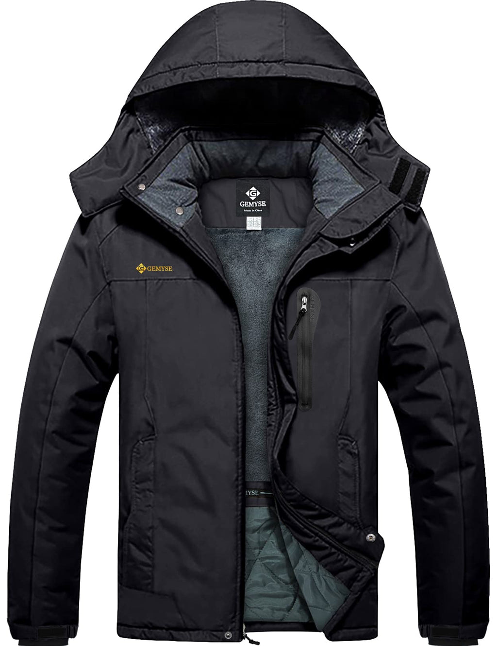 GEMYSE Men's Waterproof Mountain Ski Jacket Fleece Jackets Winter Windproof Hooded Coat (Black,M)