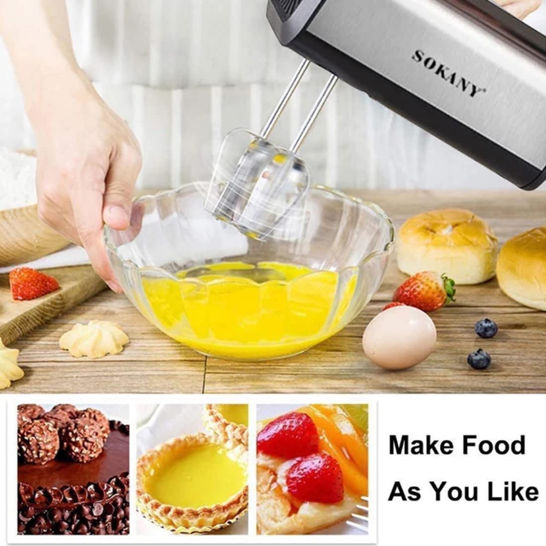 SOKANY 800W Hand Mixer Stainless Steel Kneader Hand Mixer, 5 Speeds with Exit Button, Hand Mixer with 2 Dough Hooks & 2 Beaters (SK-6651)