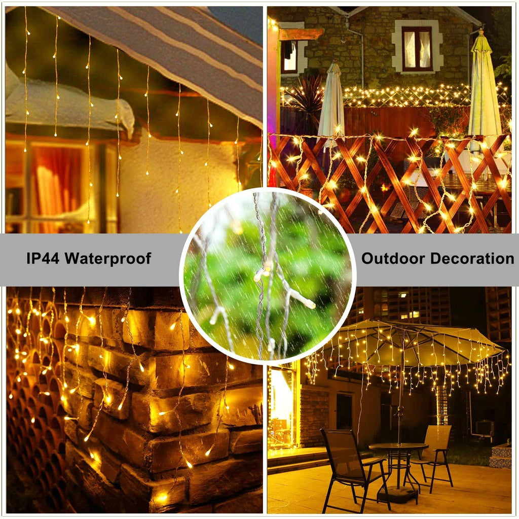 Gresonic 200/400/600 LED 5m/10m/15m icicle light chain light curtain icicle outdoor indoor decoration power operated [energy class A+] (400LED 10m, warm white flashing modes dimmable)