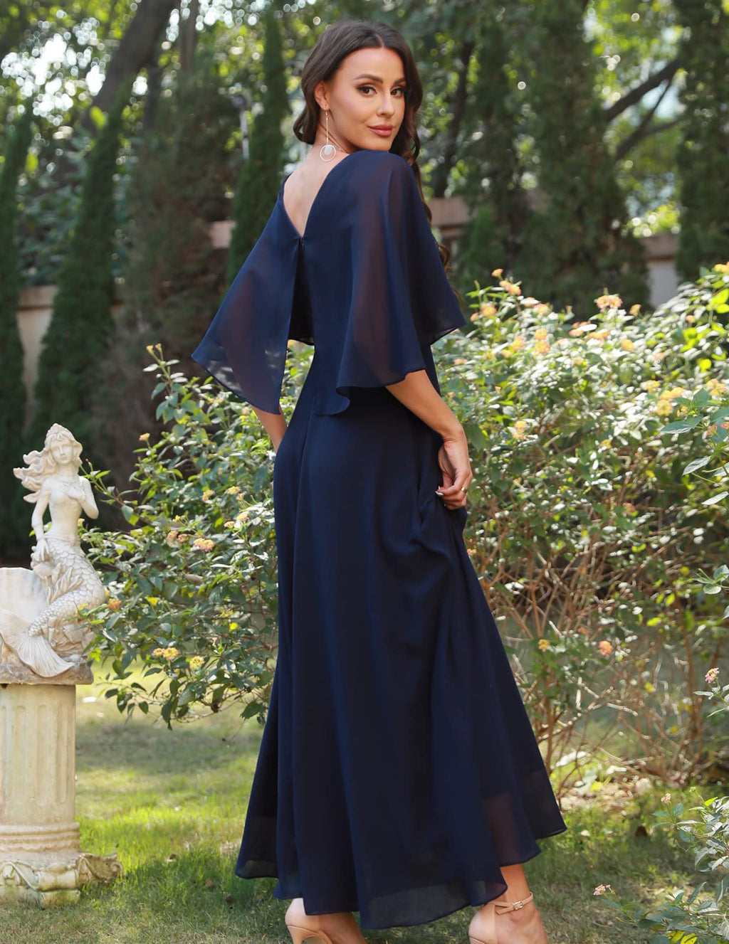 DRESSTELLS Women's Wedding Guest Evening Dresses Elegant for Wedding Chiffon Cape Sleeves Bridesmaid Dresses Navy L