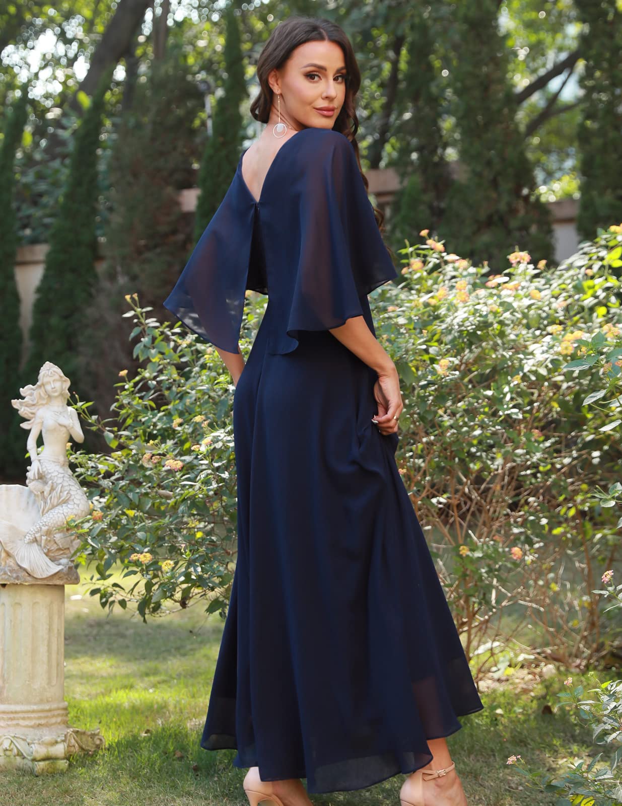 DRESSTELLS Women's Wedding Guest Evening Dresses Elegant for Wedding Chiffon Cape Sleeves Bridesmaid Dresses Navy L
