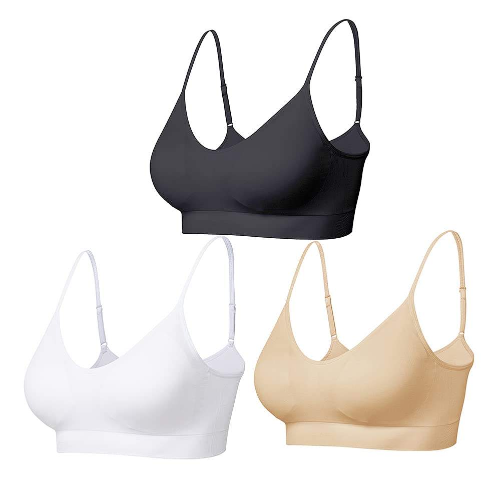 Comfyin Bustier Women's Padded Sports Bra Set without Wire Yoga Bra Top 3-Pack, Black + White + Beige, L
