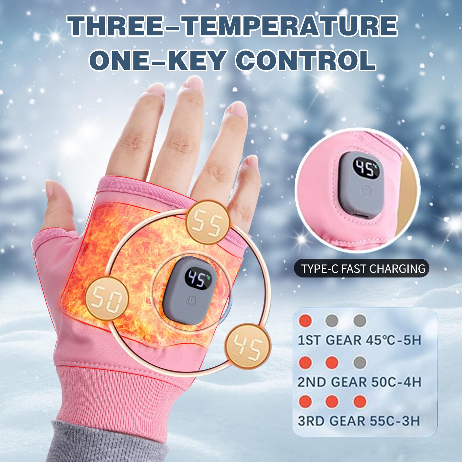 Rechargeable Heated Fingerless Gloves Touchscreen 3-Level Adjustable – Pink
