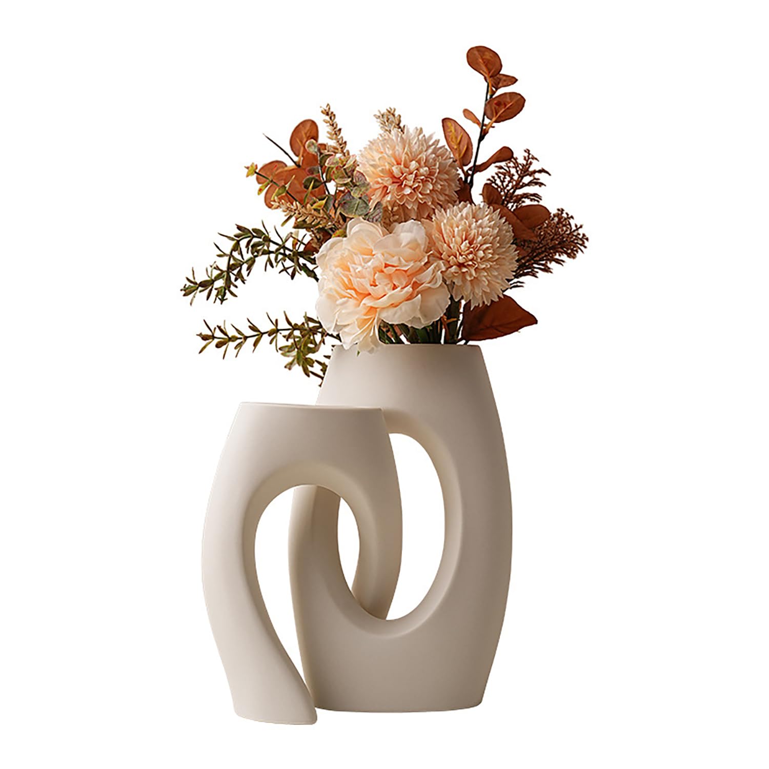 Donut Vase Set of 2 Ceramic Vase White Matt Boho Vase Pampas Grass Vase White Minimalist for Living Room, Bedroom, Kitchen, Office, Wedding Decoration