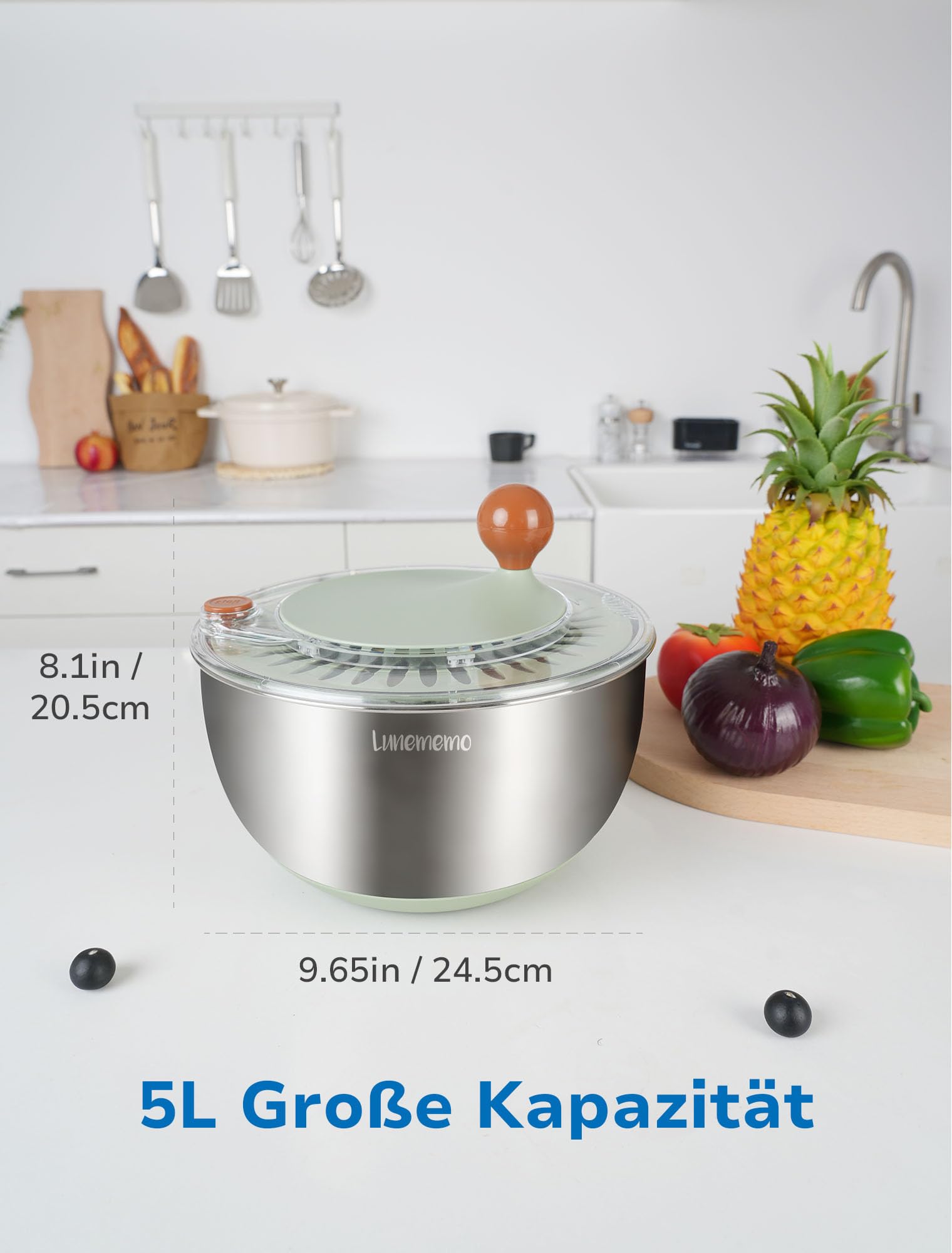 Salad Spinner 5L Stainless Steel Non-Slip Base with Lid BPA-Free – Large