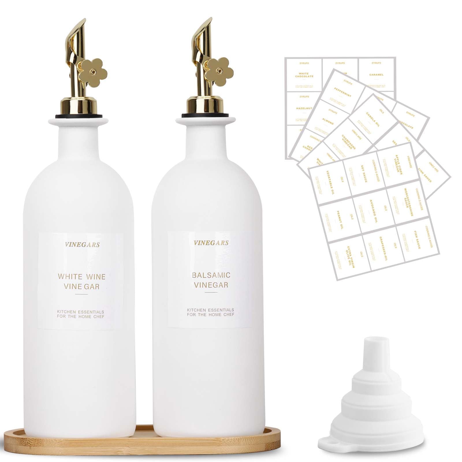 Sunal Olive Oil Dispenser Bottles, 500ml/16.9oz Olive Oil Dispenser Set with Tray, 2-Pack Glass Oil and Vinegar Dispenser Set with Weighted Spout and Waterproof Label & Silicone Funnel, White