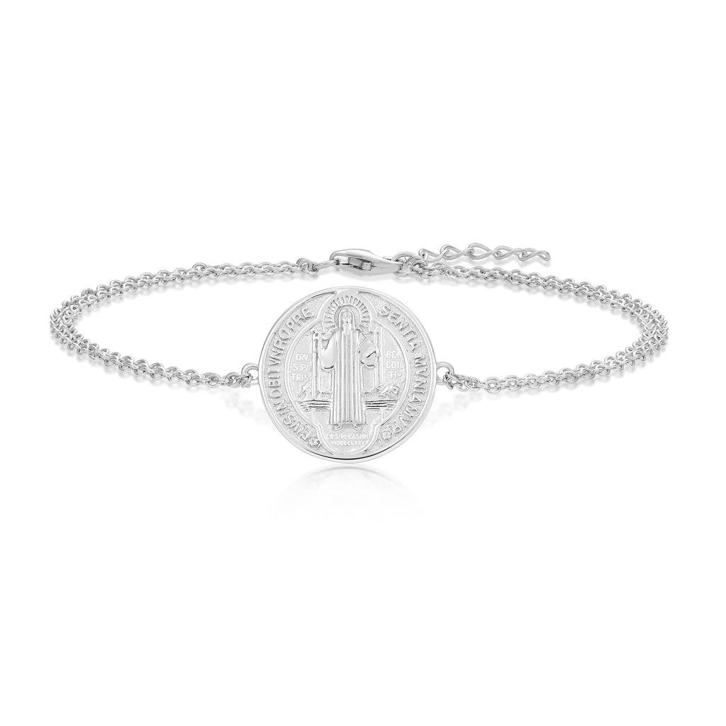 Saint Benedict 925 Sterling Silver Talisman Bracelet Round Coin Antiqued Unisex – Silver