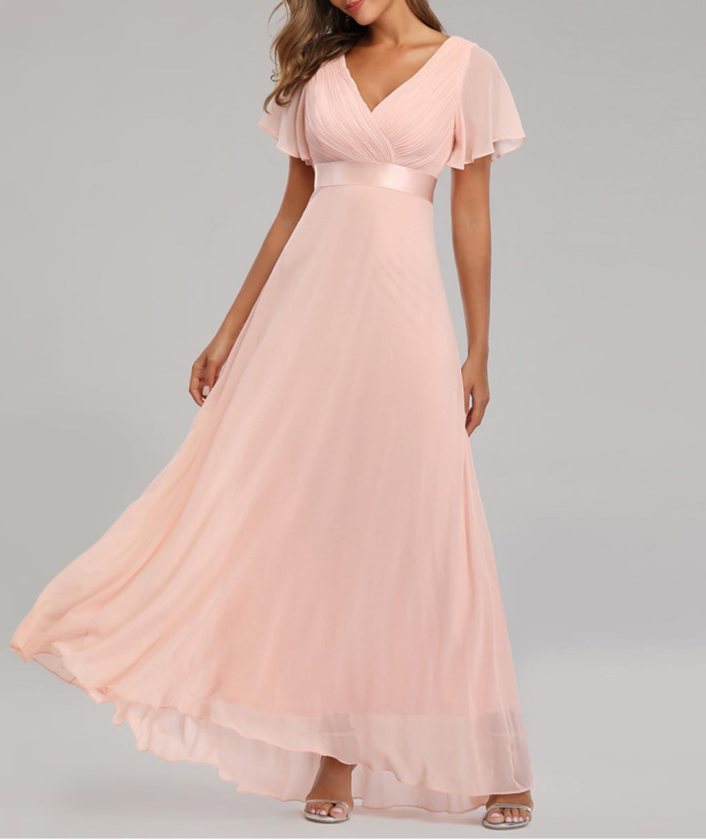 Women's Evening Dress V-Neck High Waist A-Line Chiffon – Pink 2XL