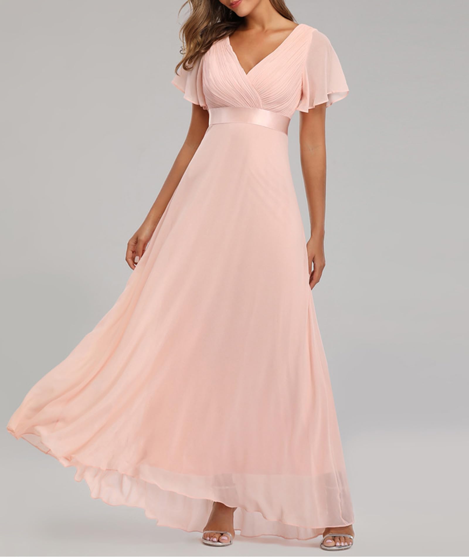 Women's Evening Dress V-Neck High Waist A-Line Chiffon – Pink 2XL