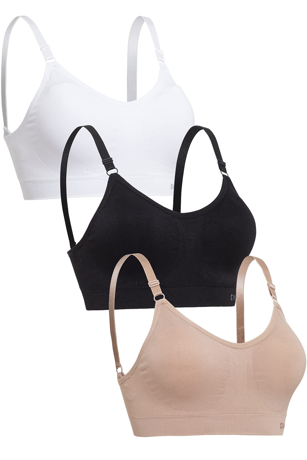 Channo Women's Nylon Wireless Sports Bra: Seamless Padded Bra with Removable Pads – For Fitness & Everyday Wear – Pack of 3, Basic, L/XL