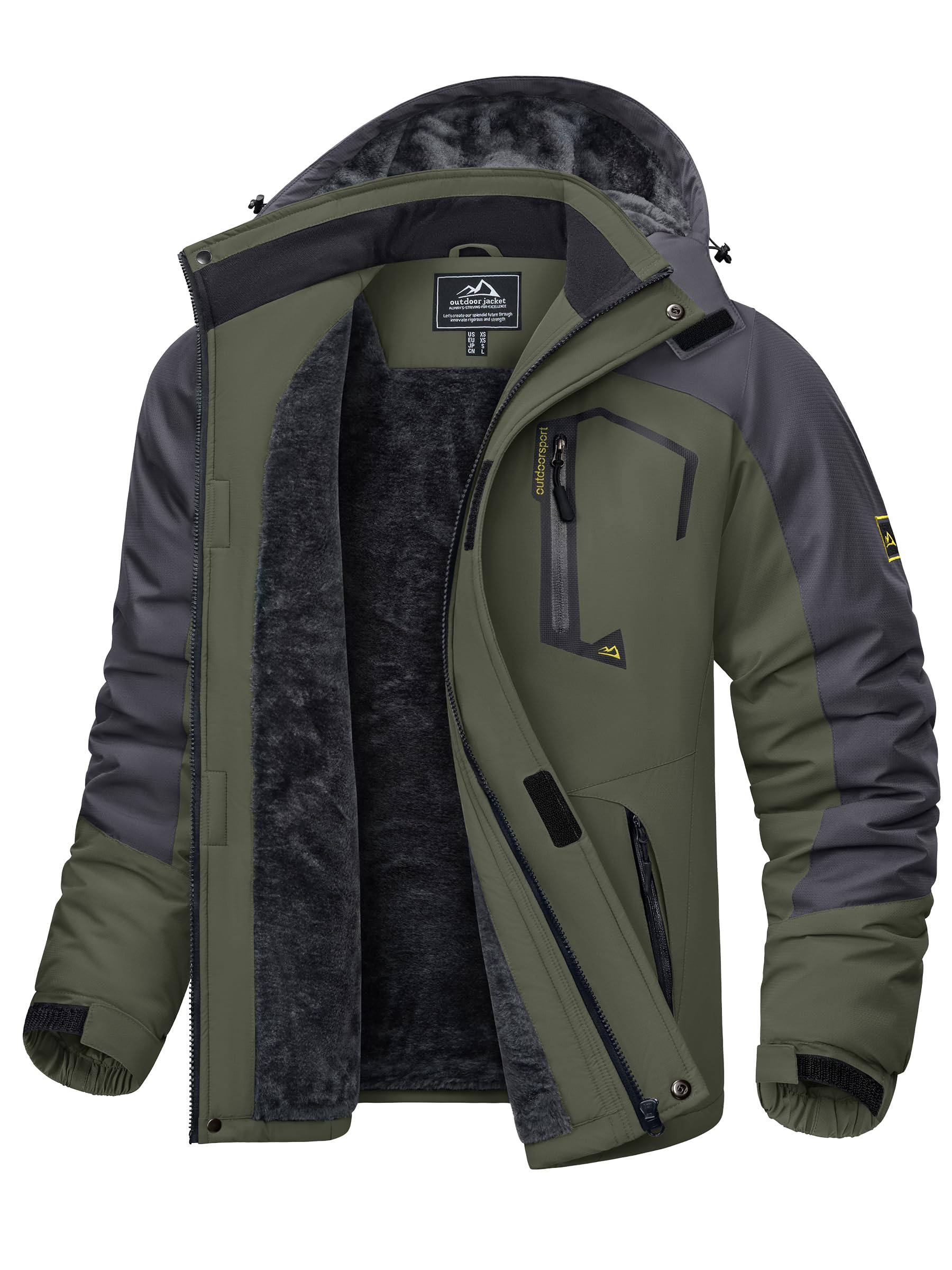 Men’s Wool Waterproof Jacket Thermal Winter Ski Coat – Military Green 2XL