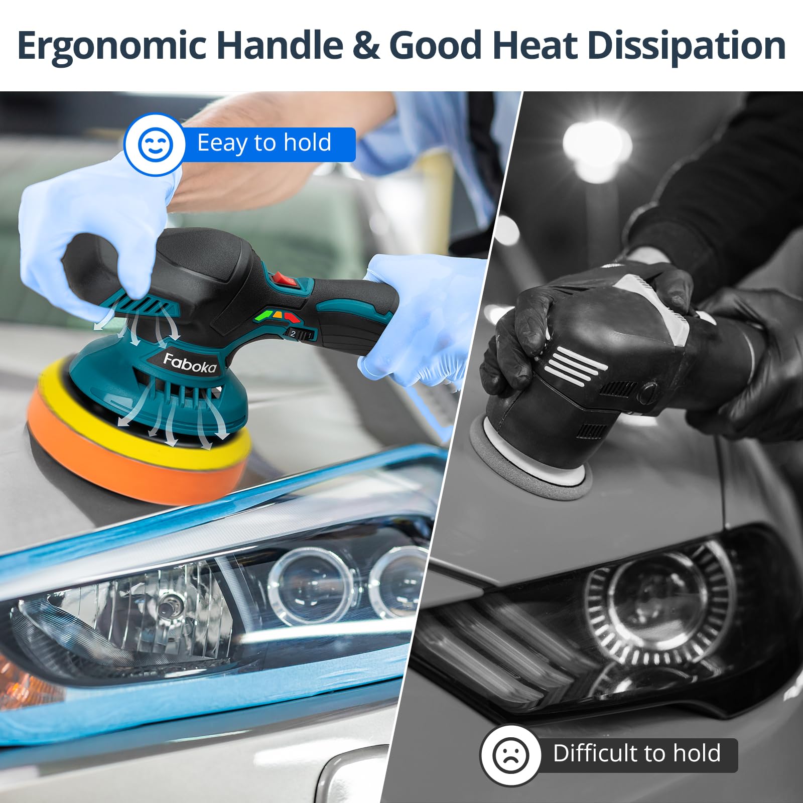 FABOKA Cordless Car Polisher, 12V Eccentric Polisher with 25pcs Attachments and 2pcs 2.0Ah Battery, Cordless Waxing Machine 6 Variable Speeds 5500RPM
