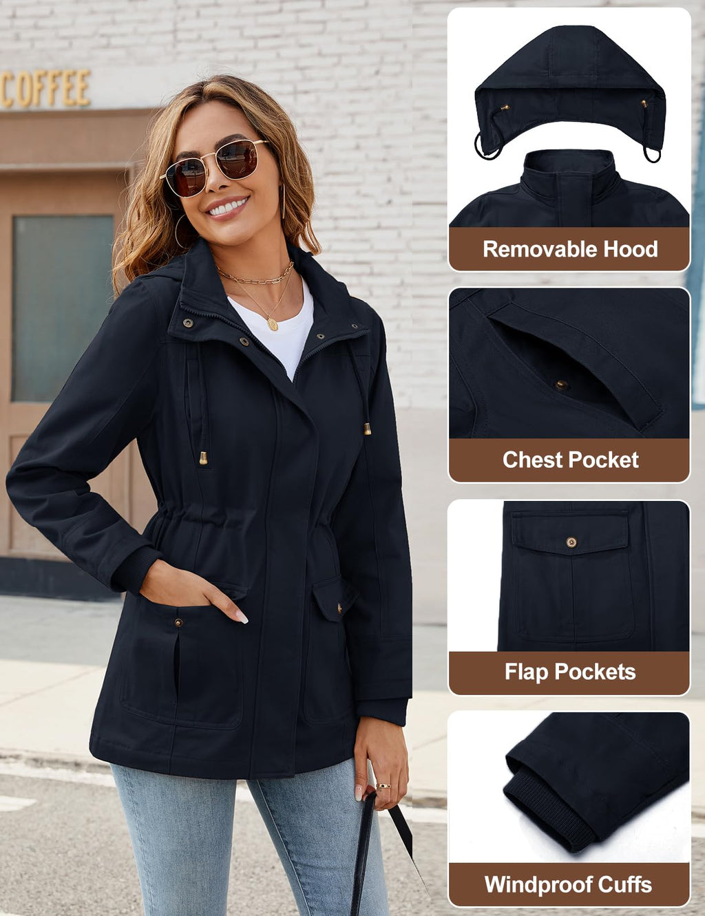 Ladies Lightweight Casual Jacket Cotton Outdoor Zip Up Hood – Navy Blue XL