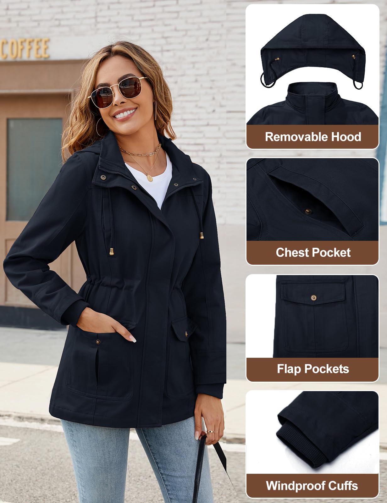 Ladies Lightweight Casual Jacket Cotton Outdoor Zip Up Hood – Navy Blue XL
