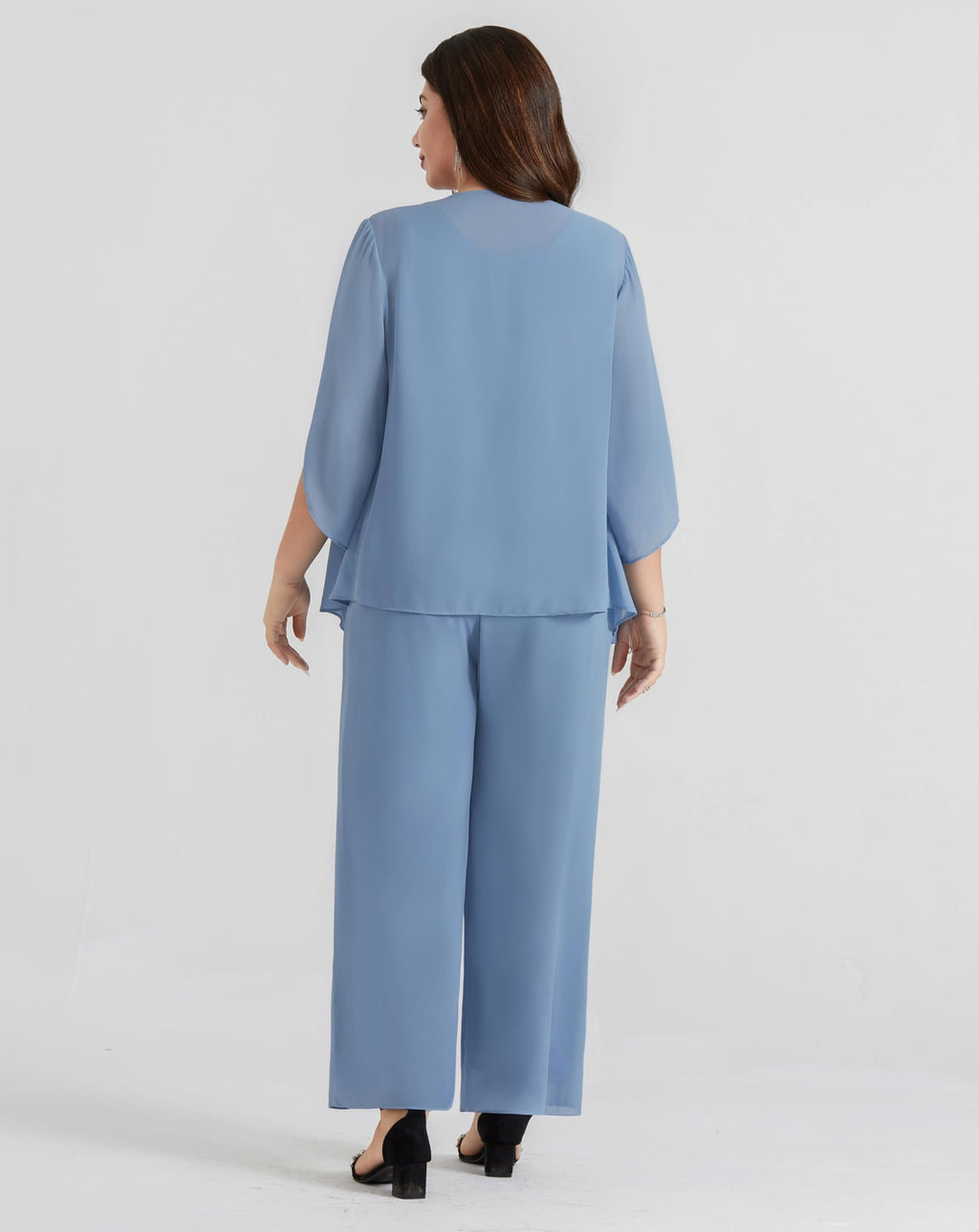 Plus Size Women's Trouser Suit 3 Piece Elegant Outfit with Chiffon Shirt – Gray Blue 52