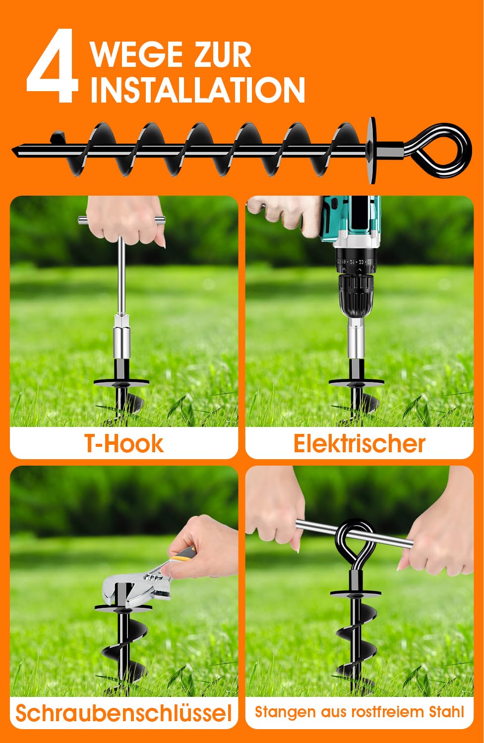 Heavy-duty ground anchors 4 pack, robust, fully screwed ground anchors for securing trampolines, canopies, swings, etc.