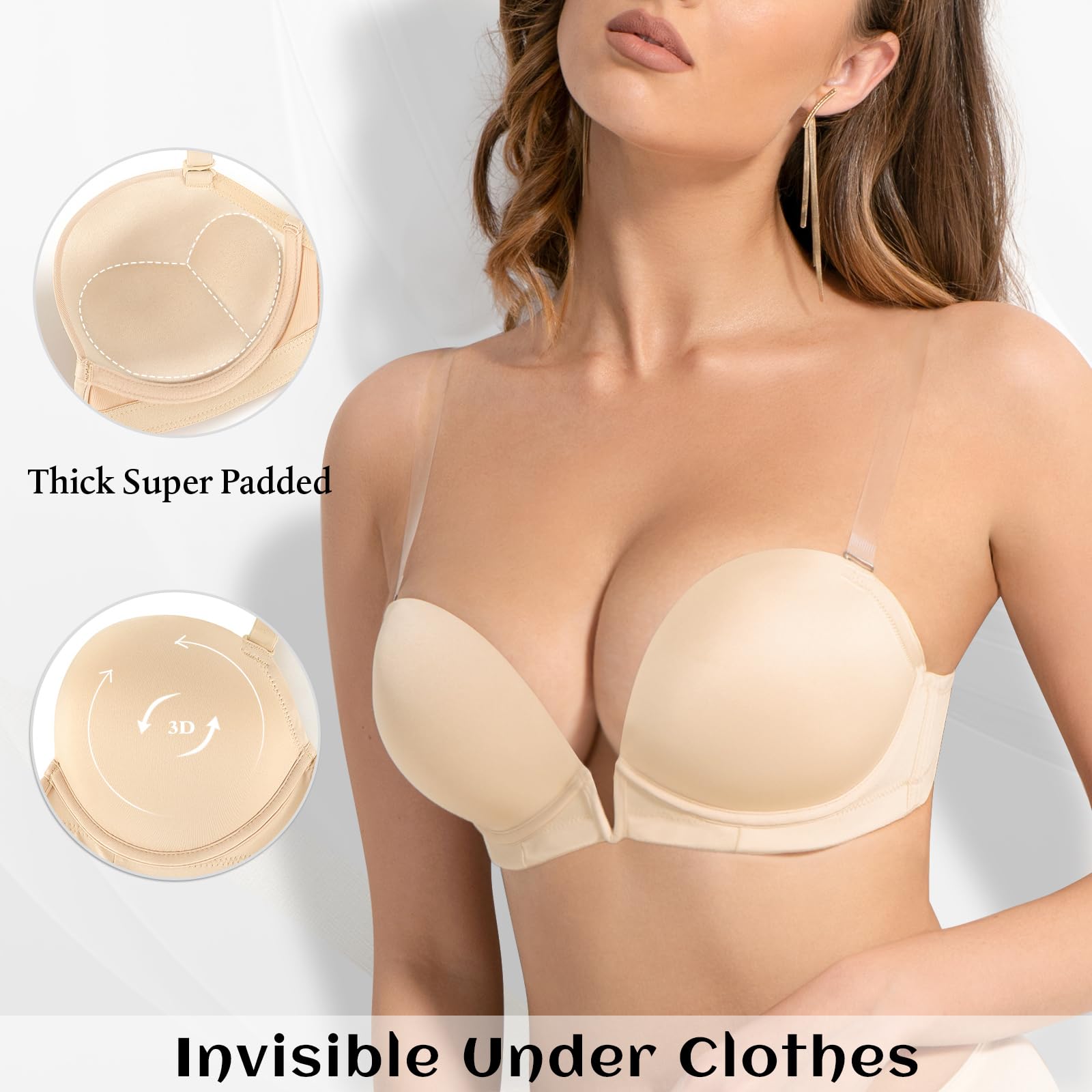 Women's Deep V Push Up Bra Backless Transparent Straps – Nude 38B
