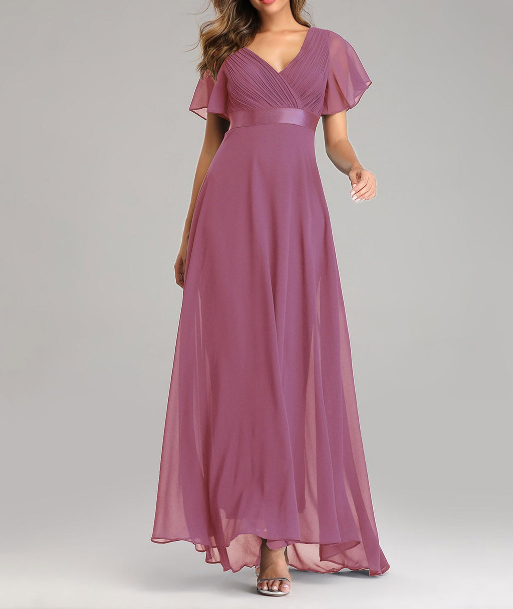 Evening Chiffon A-Line Bridesmaid Dress V-Neck High Waist Long Ball Gown with Belt – L
