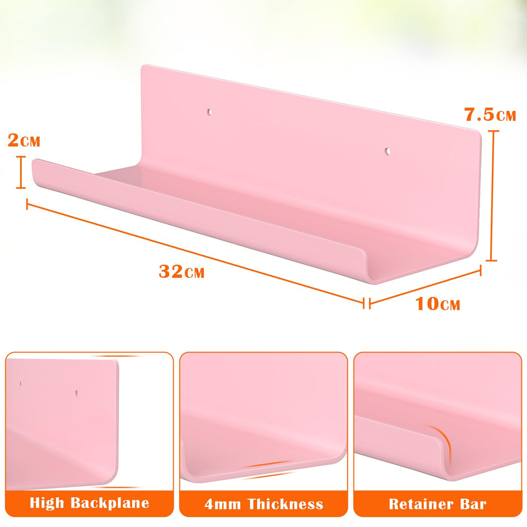 WELDUN Floating Shelves, Set of 2 Wall Shelves Picture Ledge Display, Decorative Wall Shelves for Living Room, Bedroom, Bathroom, Kitchen, Home Office, Laundry Room, Plastic, Pink