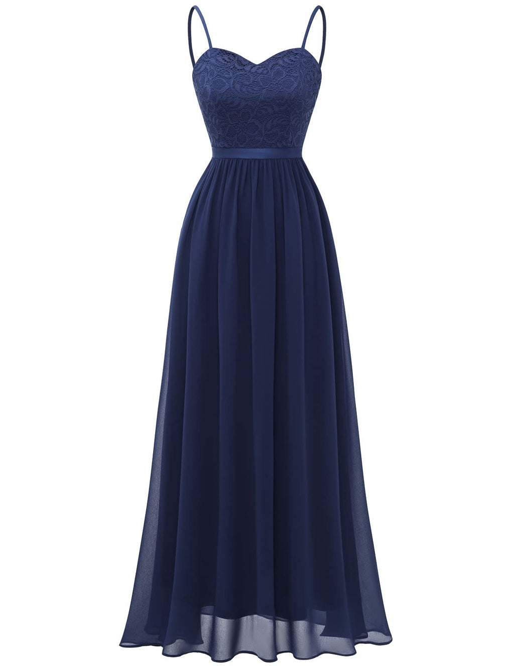 DRESSTELLS Women's Ball Gown Maxi Long Evening Dresses Chiffon Lace Bridesmaid Dresses Floor Length Cocktail Dress with Spaghetti Straps Confirmation Dress Navy L