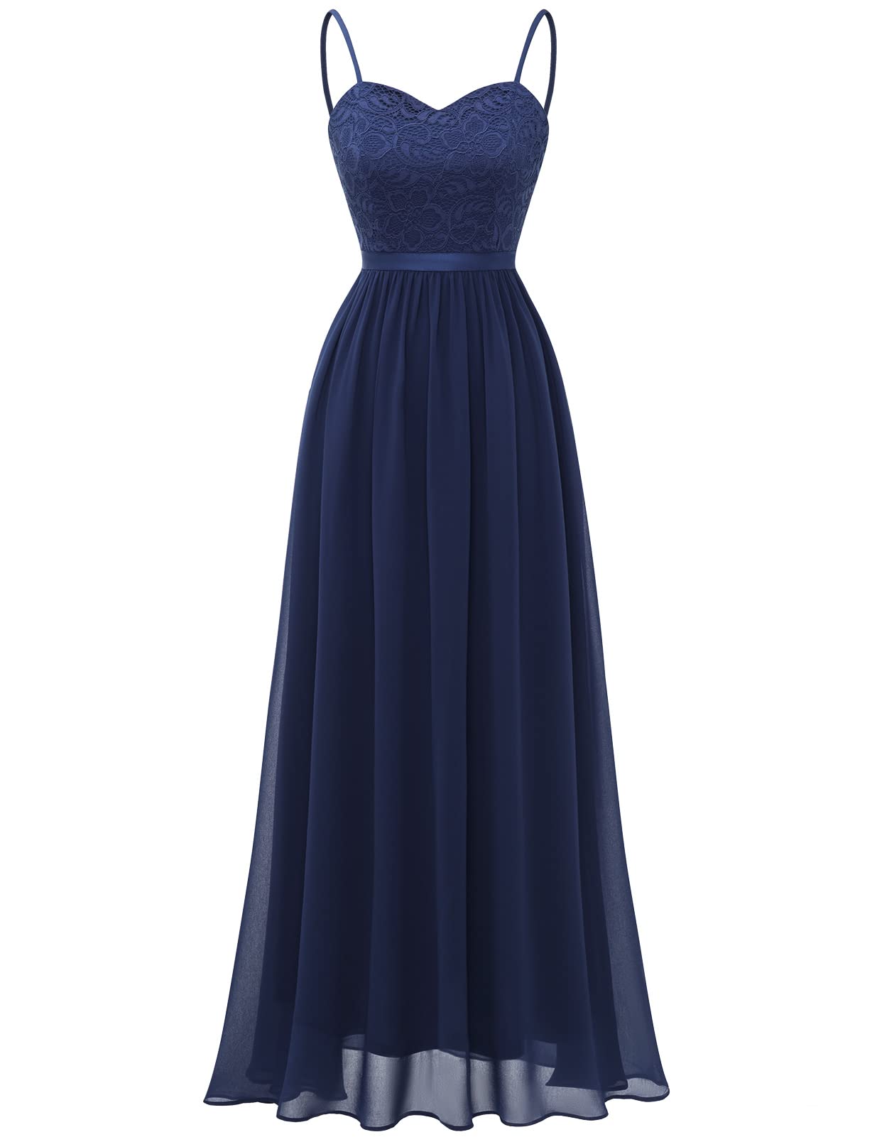 DRESSTELLS Women's Ball Gown Maxi Long Evening Dresses Chiffon Lace Bridesmaid Dresses Floor Length Cocktail Dress with Spaghetti Straps Confirmation Dress Navy L