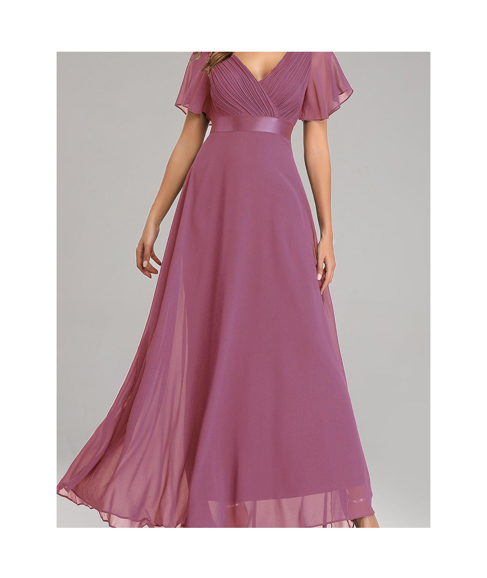 Evening Chiffon A-Line Bridesmaid Dress V-Neck High Waist Long Ball Gown with Belt – L