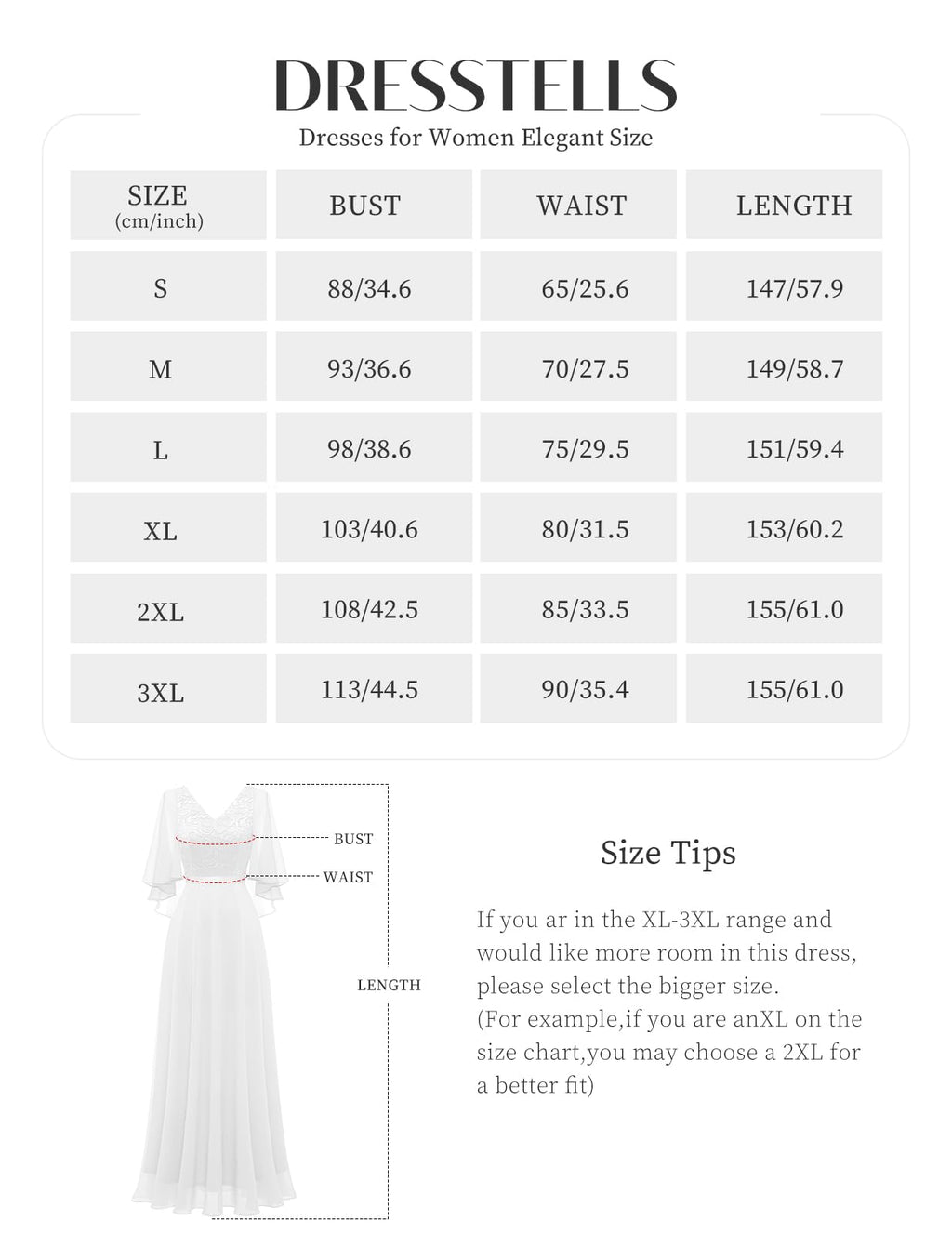 DRESSTELLS Women's Evening Dress Long Elegant for Wedding Dress Cocktail Dress Women Elegant with Sleeves Elastic Waist White L