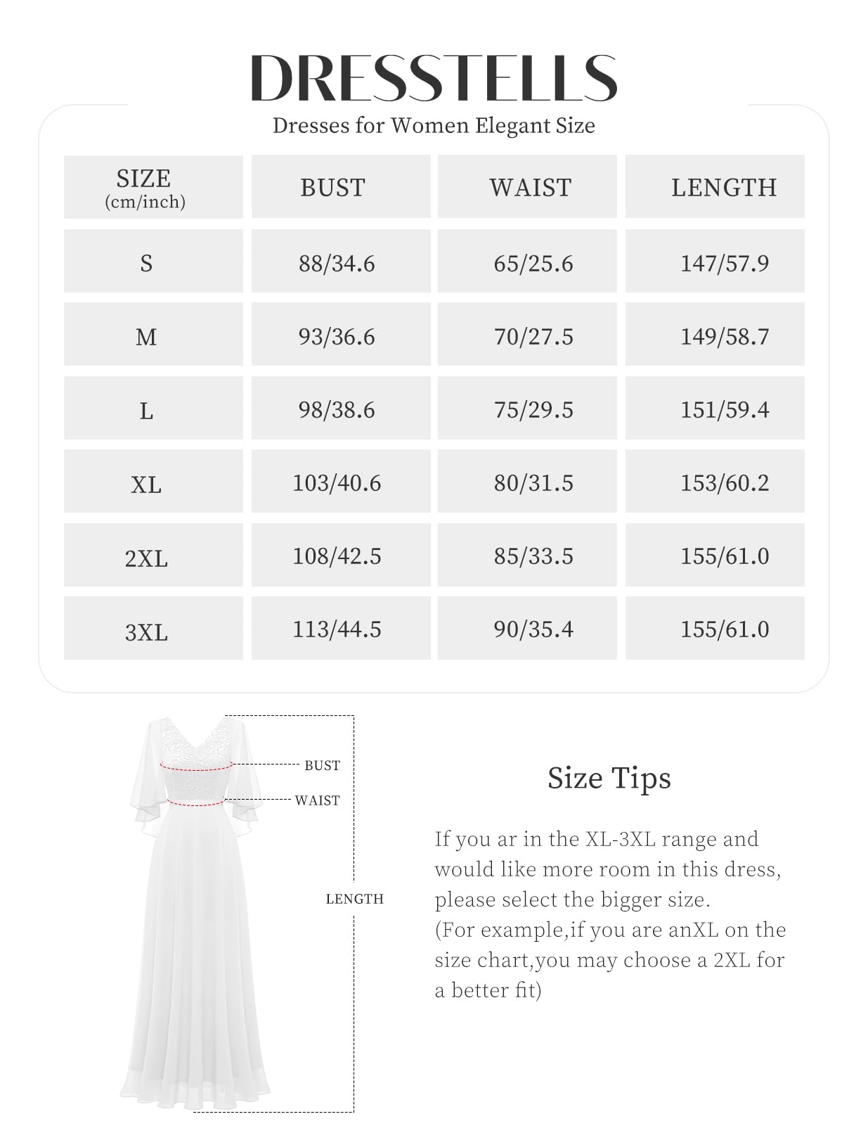 DRESSTELLS Women's Evening Dress Long Elegant for Wedding Dress Cocktail Dress Women Elegant with Sleeves Elastic Waist White L