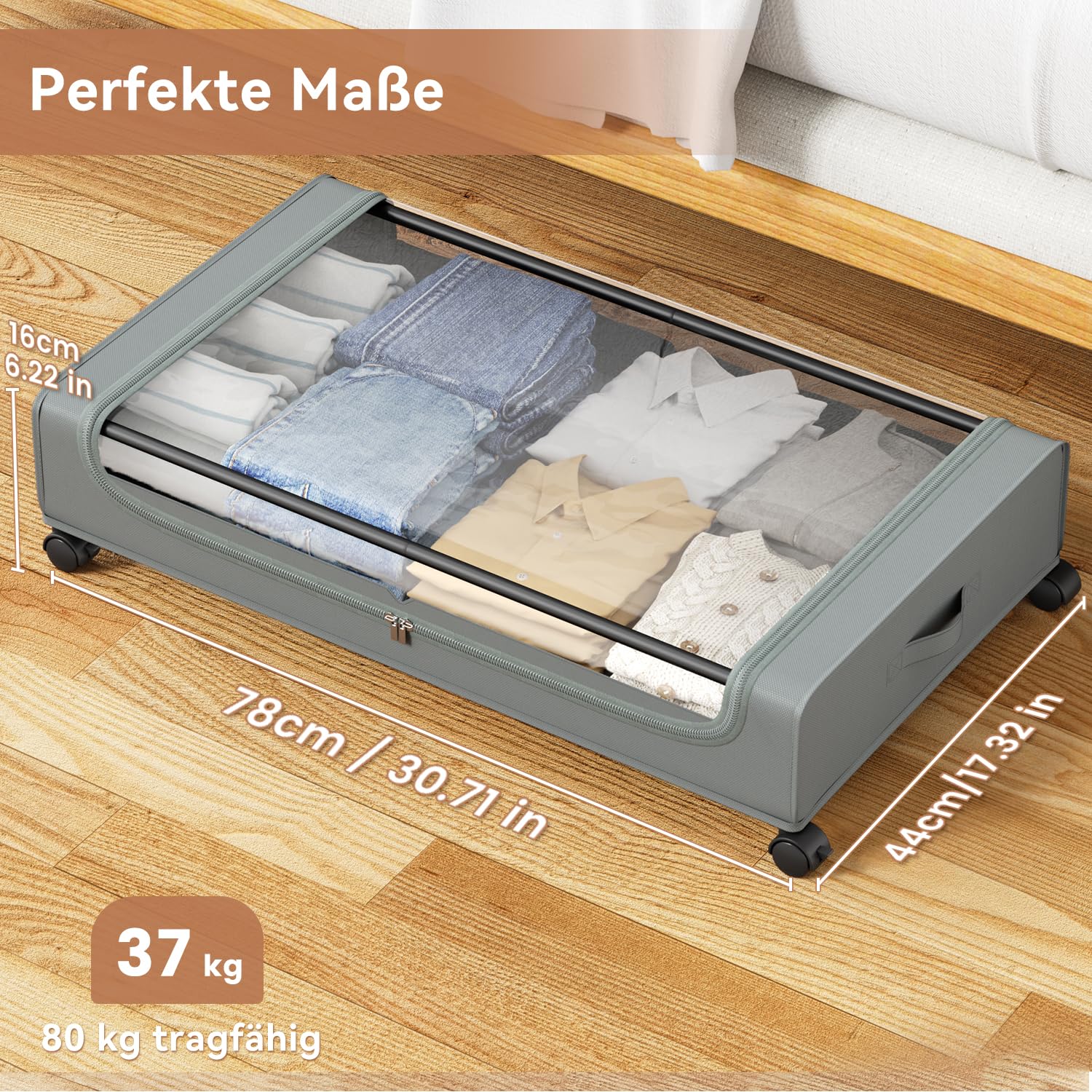 Underbed Storage Box with Wheels – 2 Pack Grey Fabric & Metal 74x42x16cm