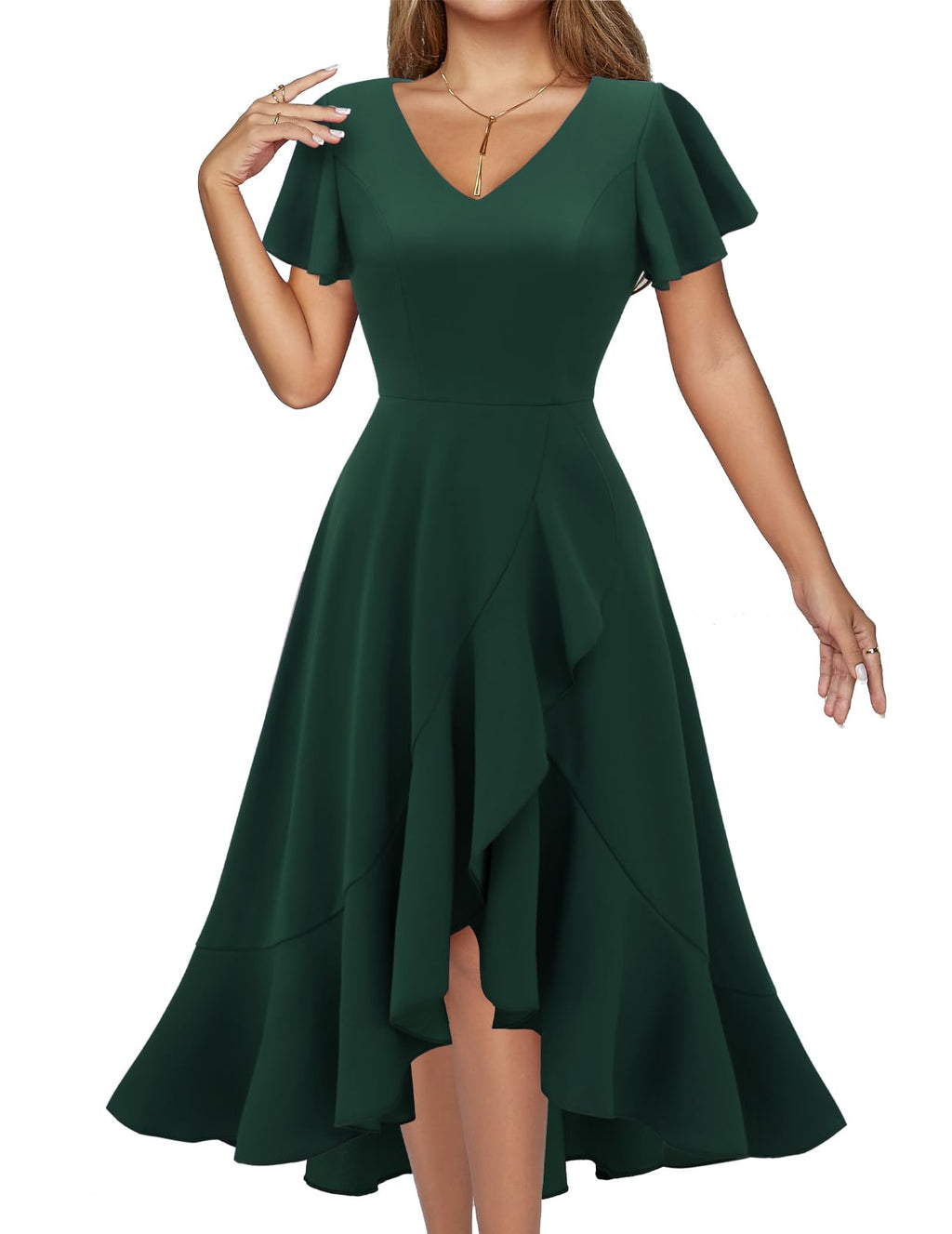 Women's Cocktail Dress Knee-Length V-Neck Ruffle Vintage – Dark Green M