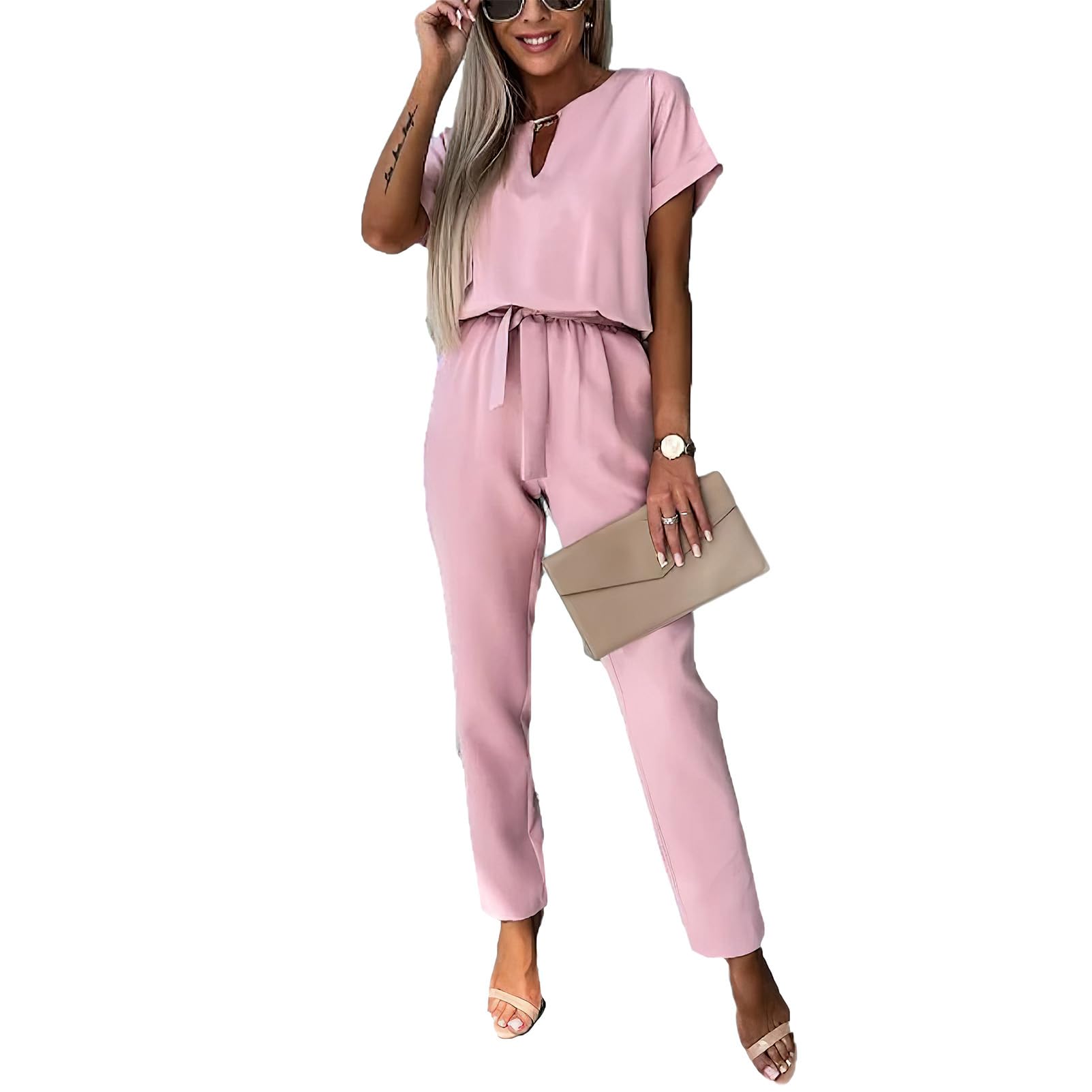 Women's Short Sleeve V-Neck Jumpsuit with Belt Elegant Summer Pants – Pink XL
