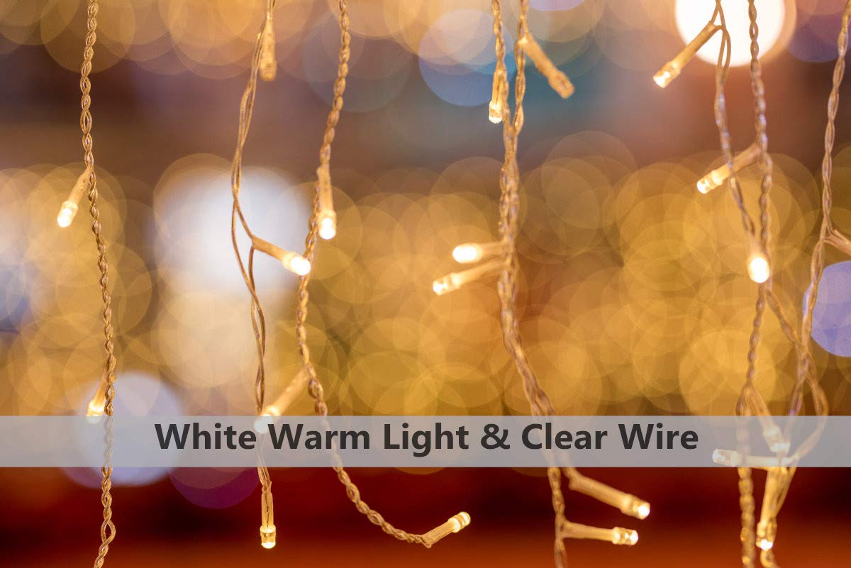 Gresonic 200/400/600 LED 5m/10m/15m icicle light chain light curtain icicle outdoor indoor decoration power operated [energy class A+] (400LED 10m, warm white flashing modes dimmable)