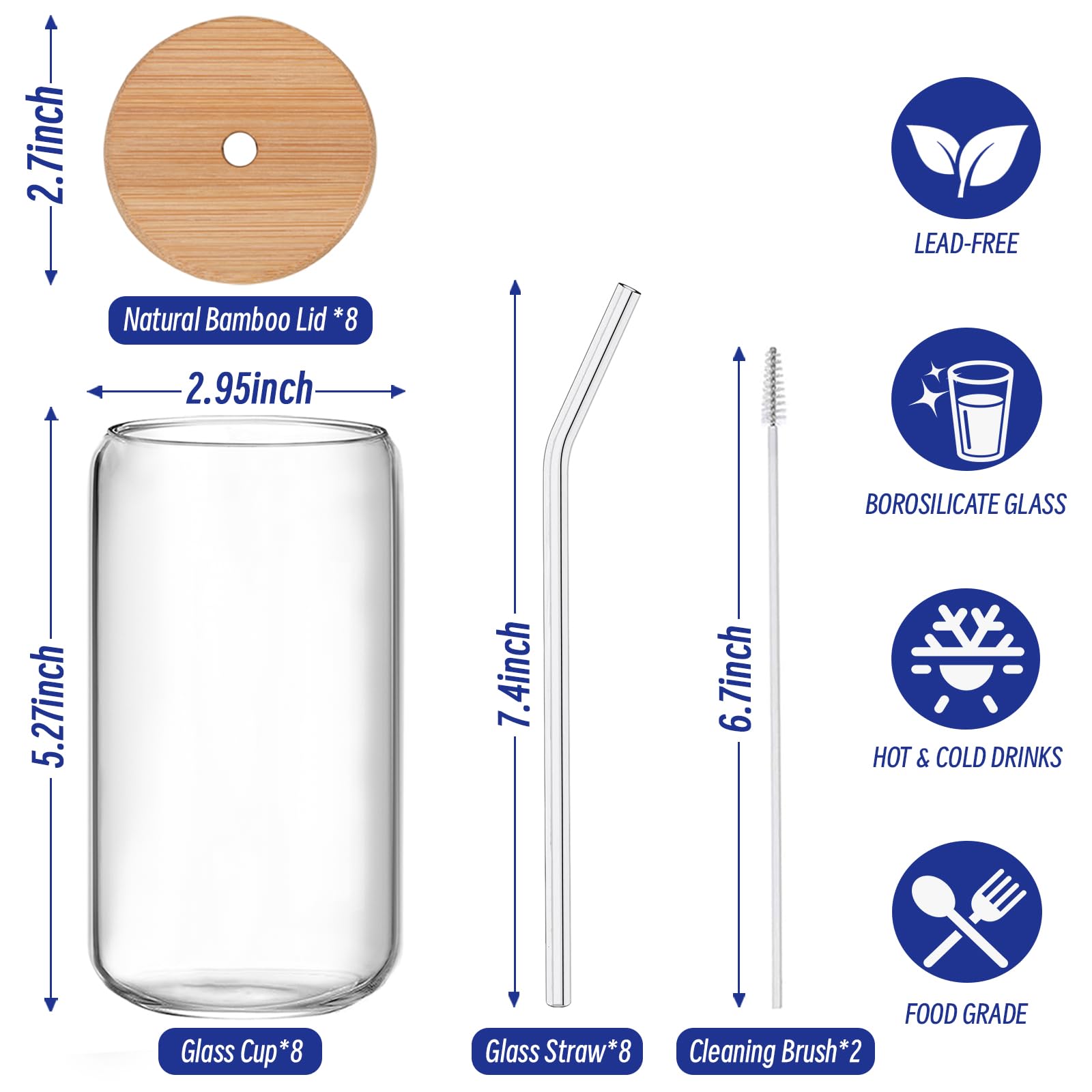 FINEW [Set of 8] Drinking Cups with Lid and Straw Glass, Set of 8 Cocktail Glasses, 16oz/450ml Iced Coffee Glasses, Long Drink Glass with 2 Cleaning Brushes for Bubble Tea, Whiskey, Cocktail, Beer Glasses