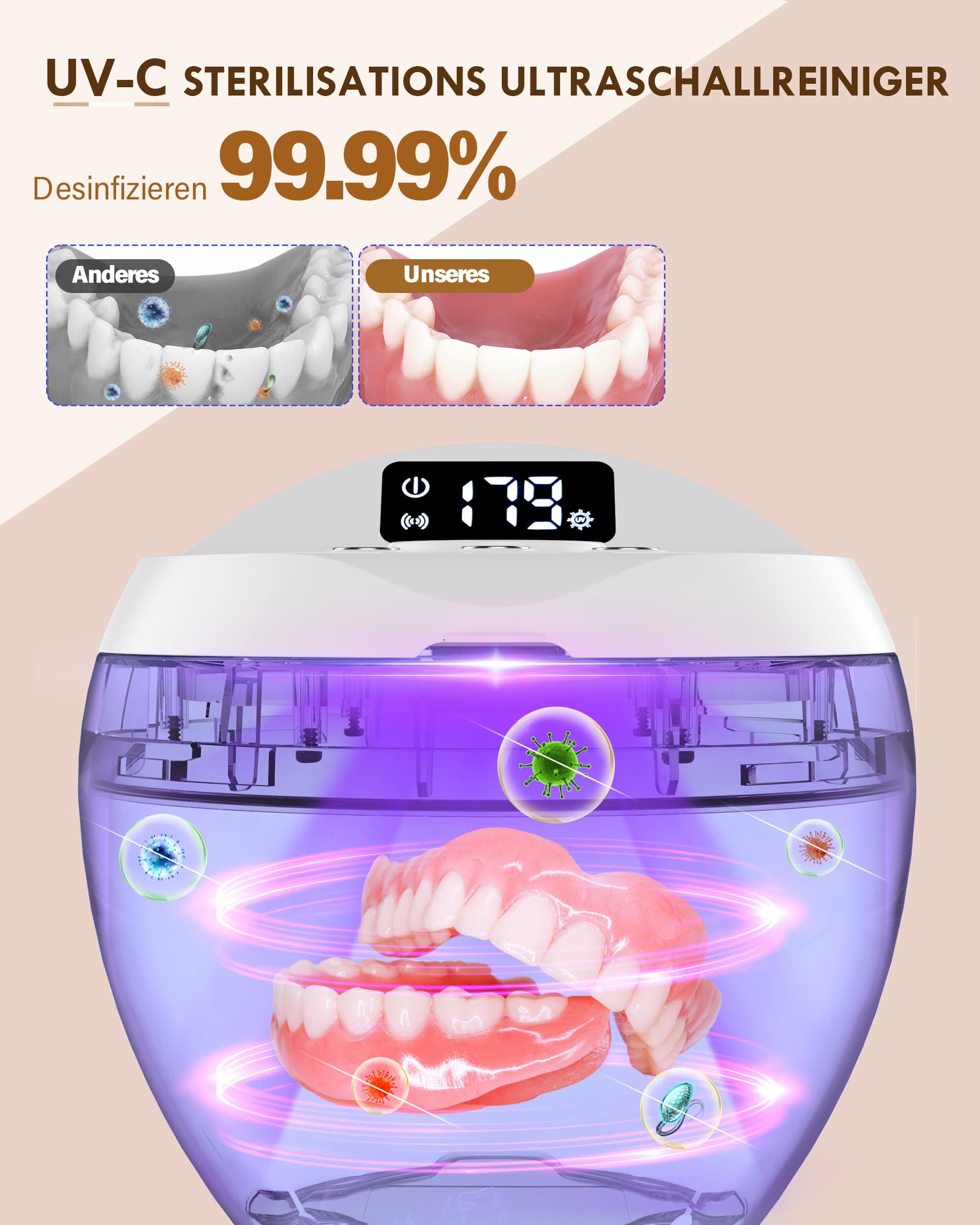 Stim-U-Dent ultrasonic cleaner, ultrasonic cleaner for dental splints, aligners, dentures, and jewelry, 45kHz UV Dental
