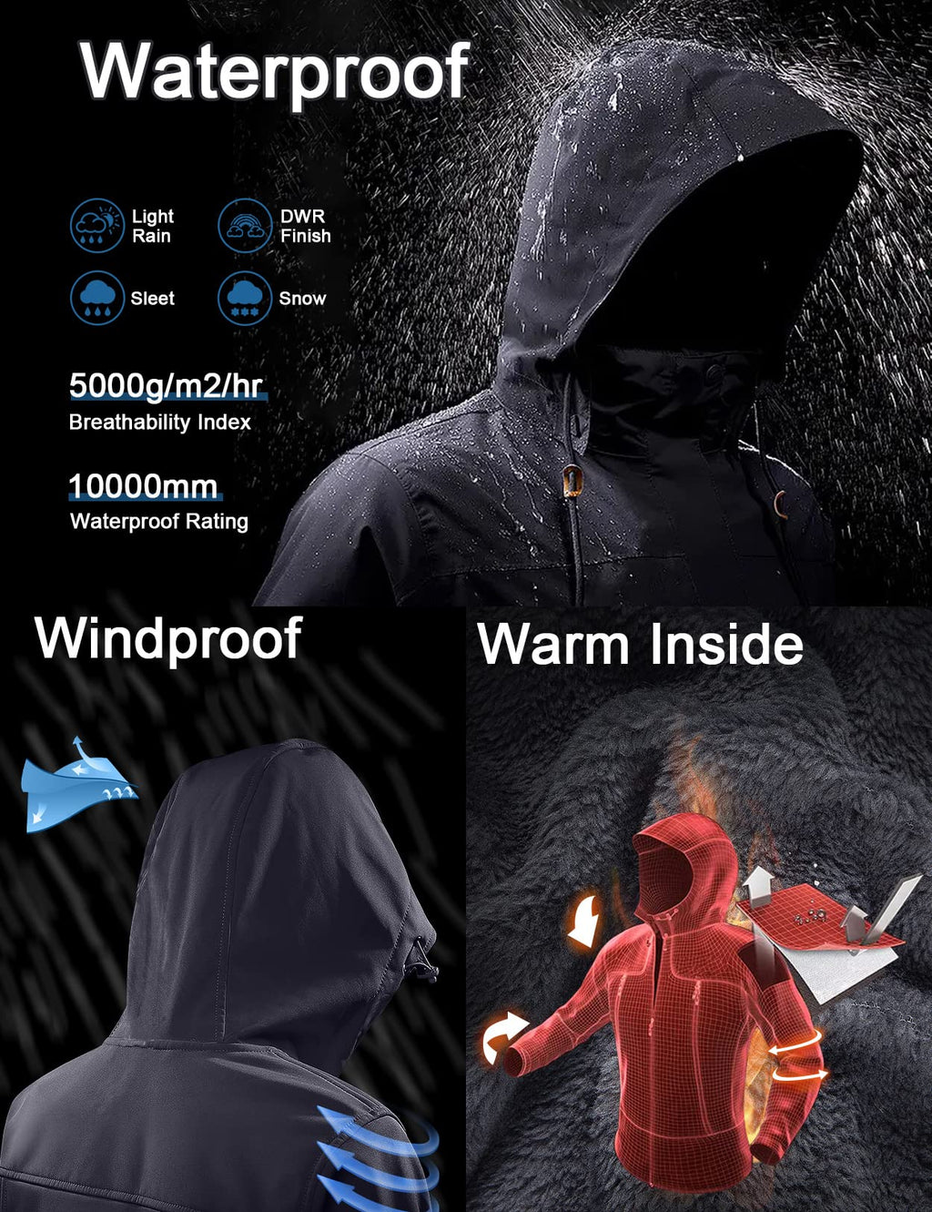 GEMYSE Men's Waterproof Mountain Ski Jacket Fleece Jackets Winter Windproof Hooded Coat (Black,M)