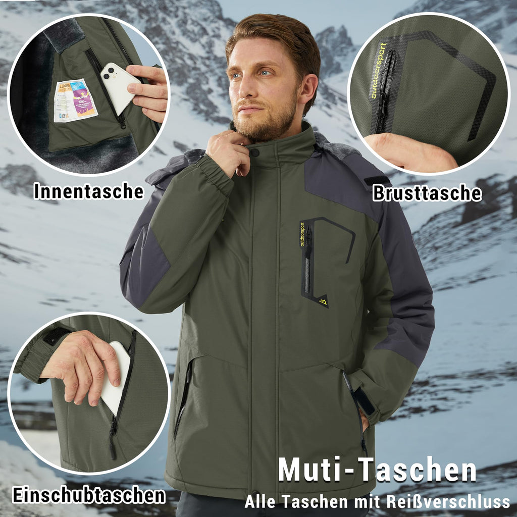 Men’s Wool Waterproof Jacket Thermal Winter Ski Coat – Military Green 2XL