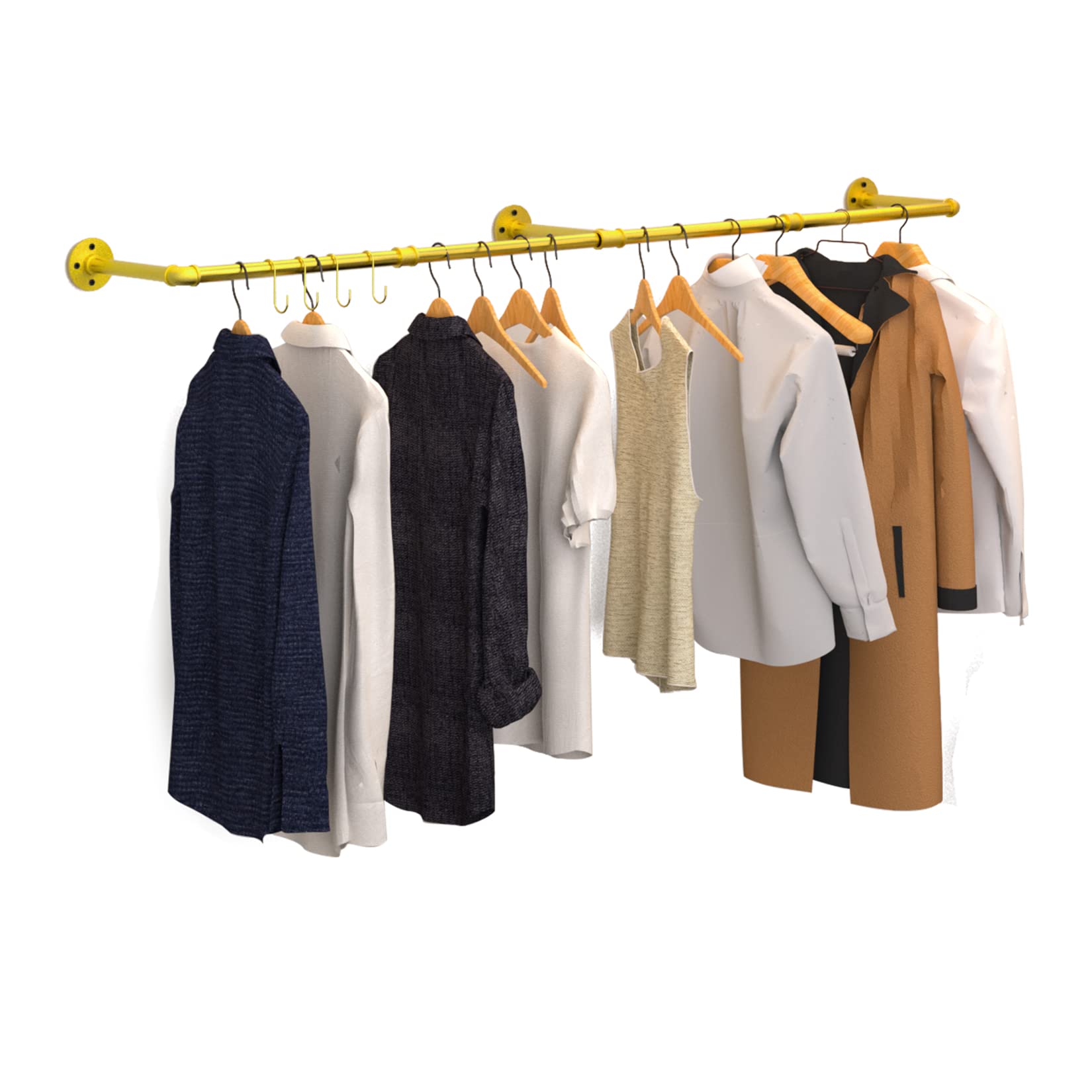 unho Wall Mounted Clothes Rail, Industrial Style Pipe Clothes Rack Wall Mounted, Wall Mounted Wardrobe for Bedroom Living Room (3 Bases), Gold