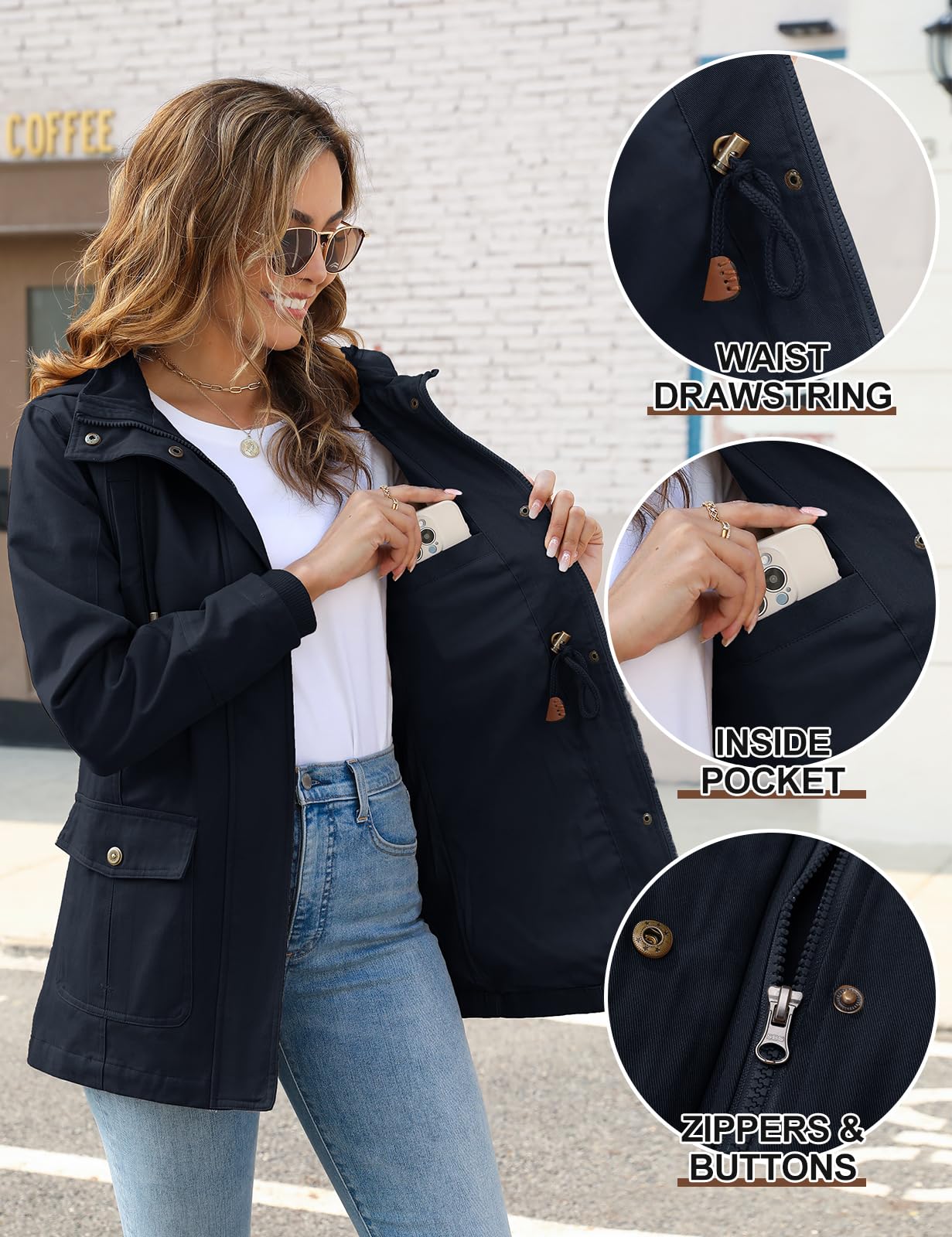 Ladies Lightweight Casual Jacket Cotton Outdoor Zip Up Hood – Navy Blue XL