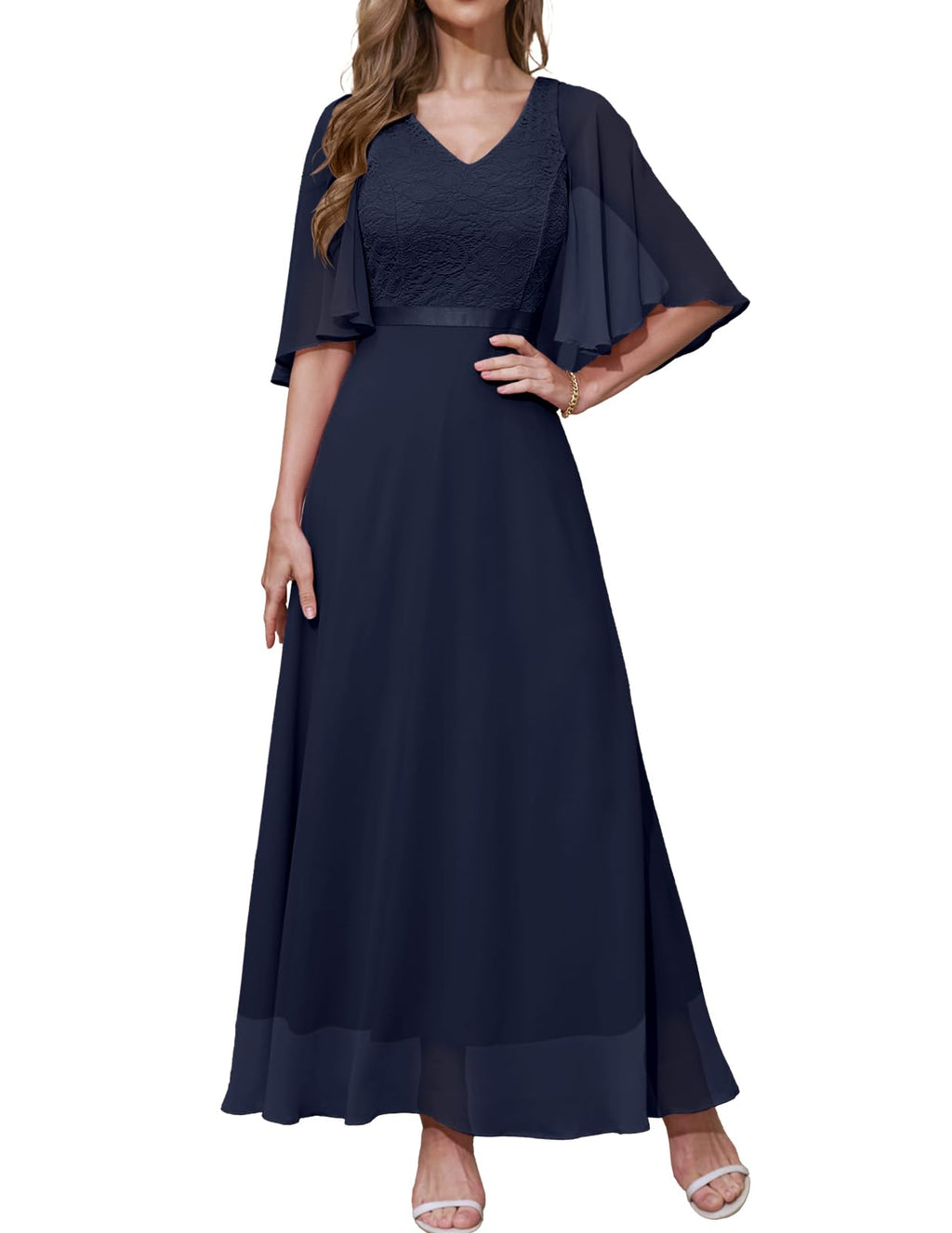 DRESSTELLS Women's Wedding Guest Evening Dresses Elegant for Wedding Chiffon Cape Sleeves Bridesmaid Dresses Navy L
