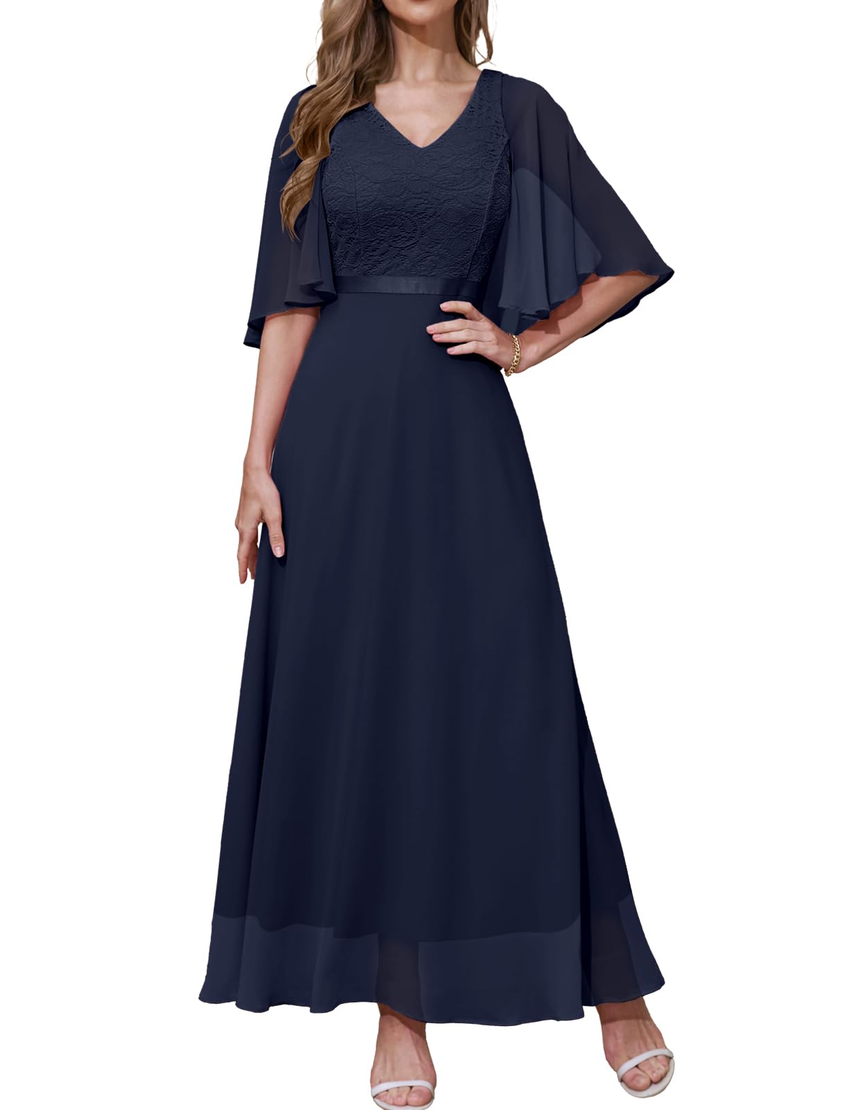 DRESSTELLS Women's Wedding Guest Evening Dresses Elegant for Wedding Chiffon Cape Sleeves Bridesmaid Dresses Navy L