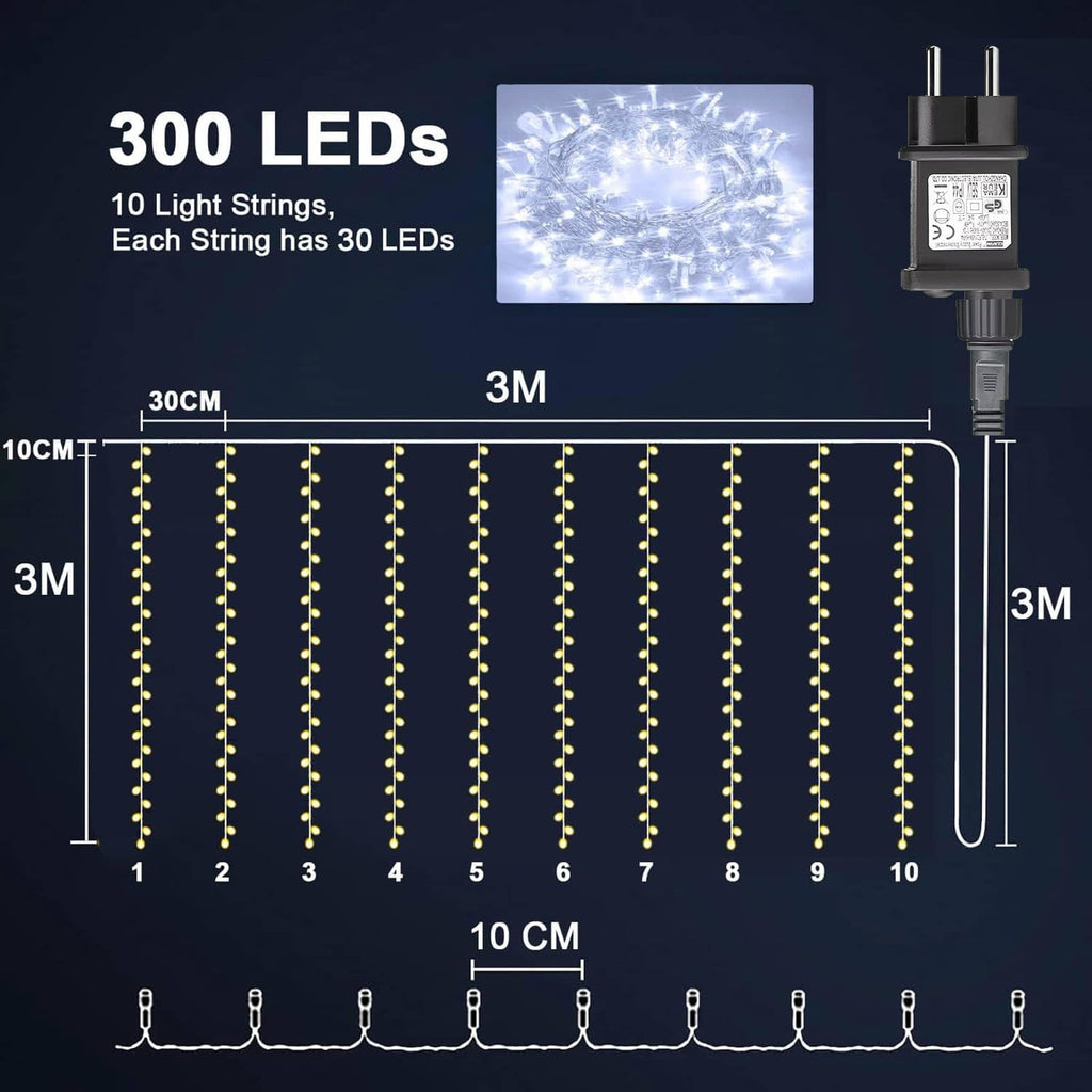 LED String Lights Curtain 3m x 3m 300 LEDs – White