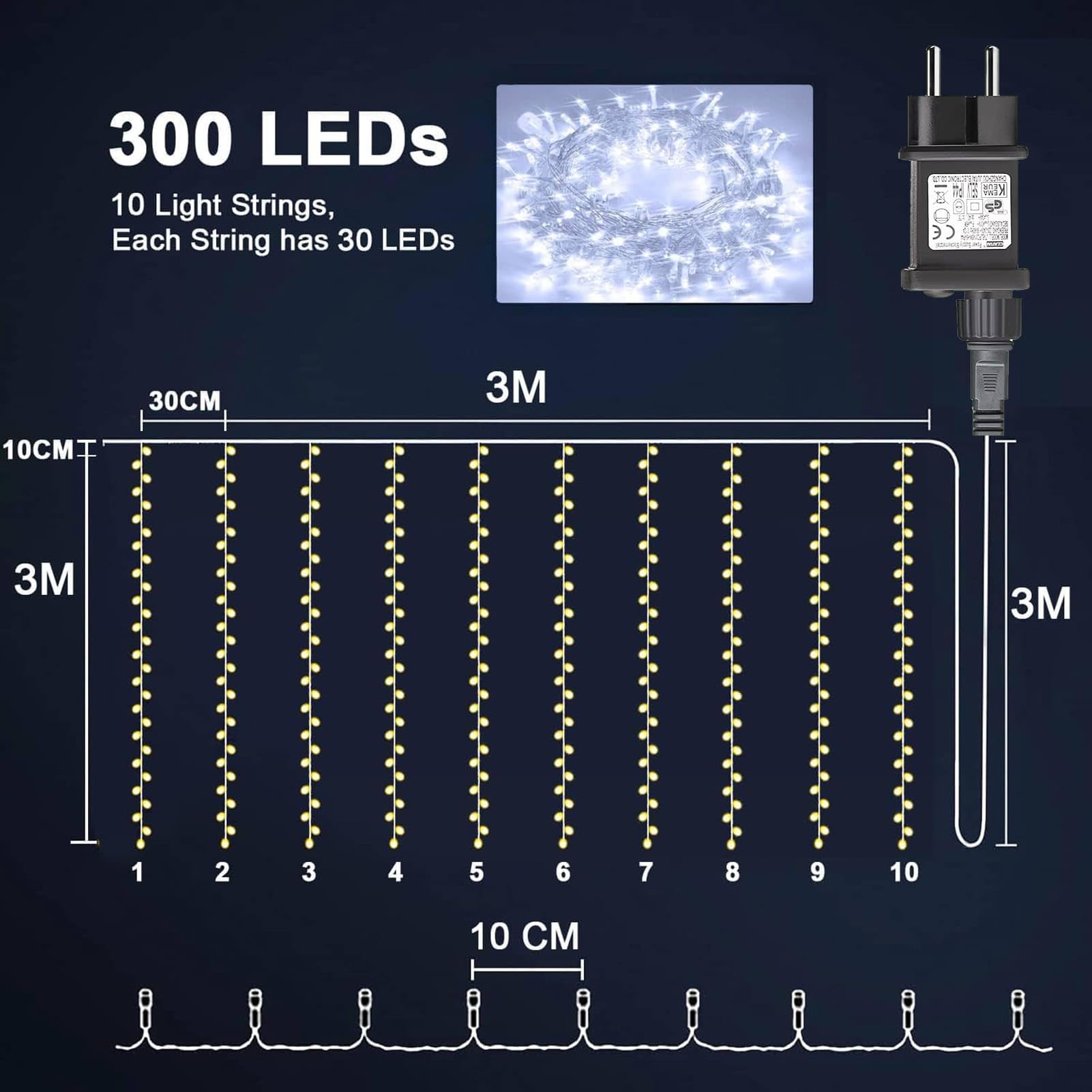 LED String Lights Curtain 3m x 3m 300 LEDs – White