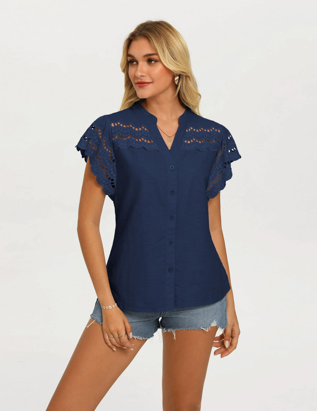 Women's Summer V-Neck Cotton-Linen Blouse Short Sleeve Hollow-Out Loose Fit – Dark Blue M
