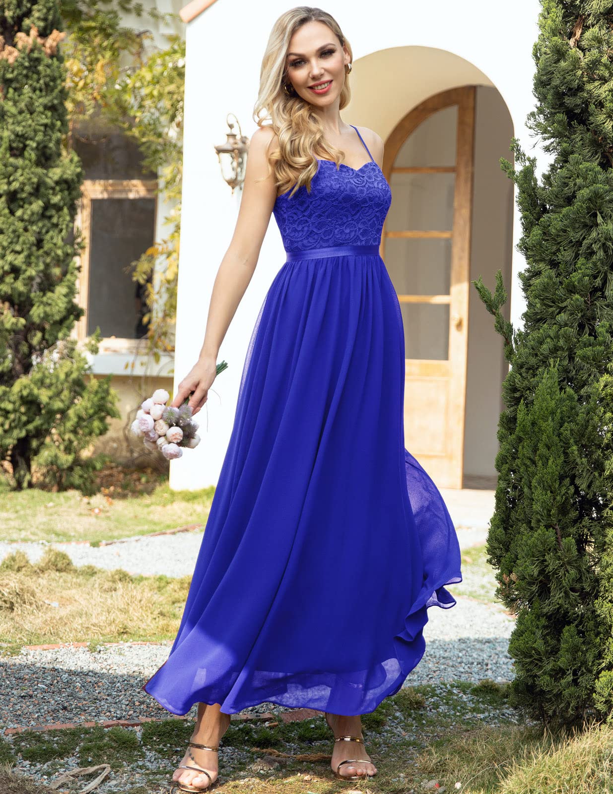 DRESSTELLS Women's Evening Dress Floor Length Elegant for Wedding Chiffon Bridesmaid Dresses Lace Cocktail Dress with Spaghetti Straps Sleeveless Ball Gown Royal Blue XL