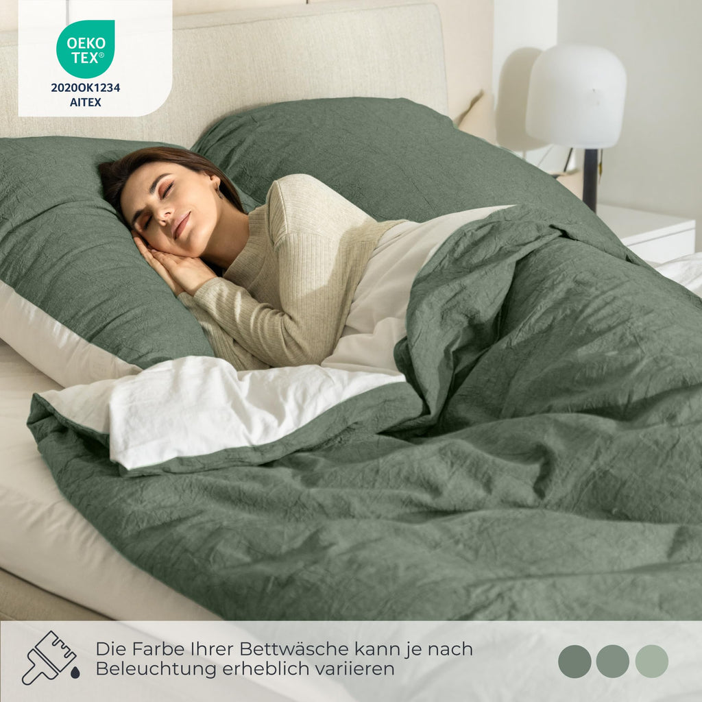 Dreamzie Bedding 135x200 Cotton, Bedding Sets Green with Zipper, Similar Texture to Stone Washed Linen, Includes 1 Duvet Cover 135x200 and 1 Pillowcase 80x80