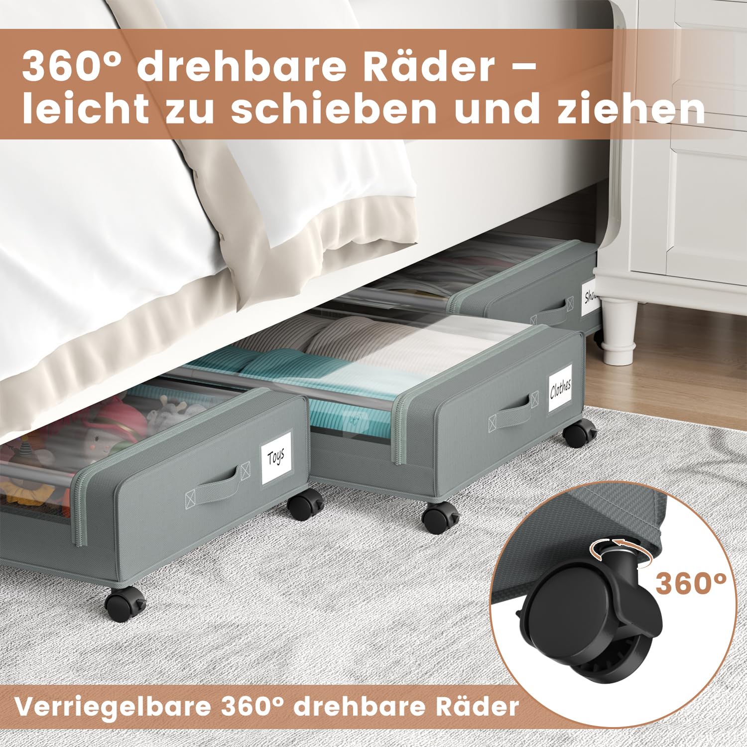 Underbed Storage Box with Wheels – 2 Pack Grey Fabric & Metal 74x42x16cm