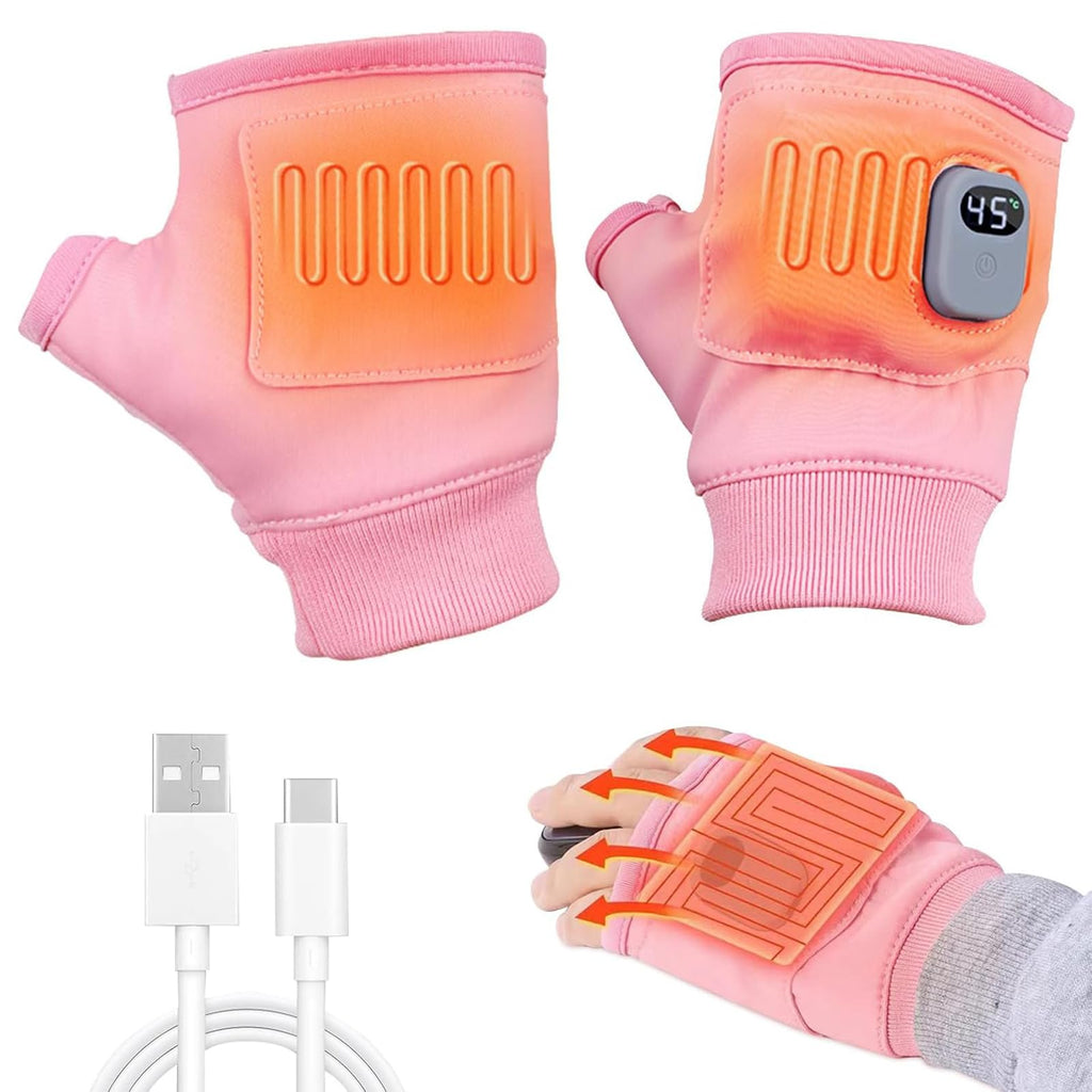 Rechargeable Heated Fingerless Gloves Touchscreen 3-Level Adjustable – Pink