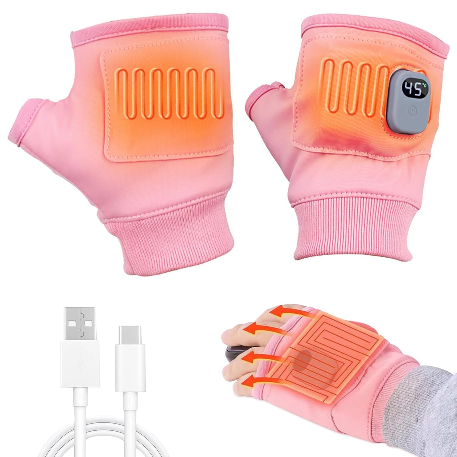 Rechargeable Heated Fingerless Gloves Touchscreen 3-Level Adjustable – Pink