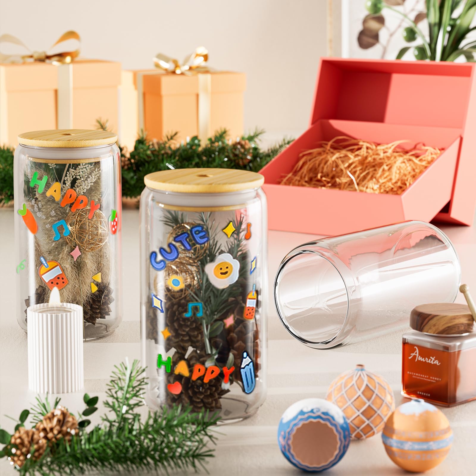 FINEW [Set of 8] Drinking Cups with Lid and Straw Glass, Set of 8 Cocktail Glasses, 16oz/450ml Iced Coffee Glasses, Long Drink Glass with 2 Cleaning Brushes for Bubble Tea, Whiskey, Cocktail, Beer Glasses